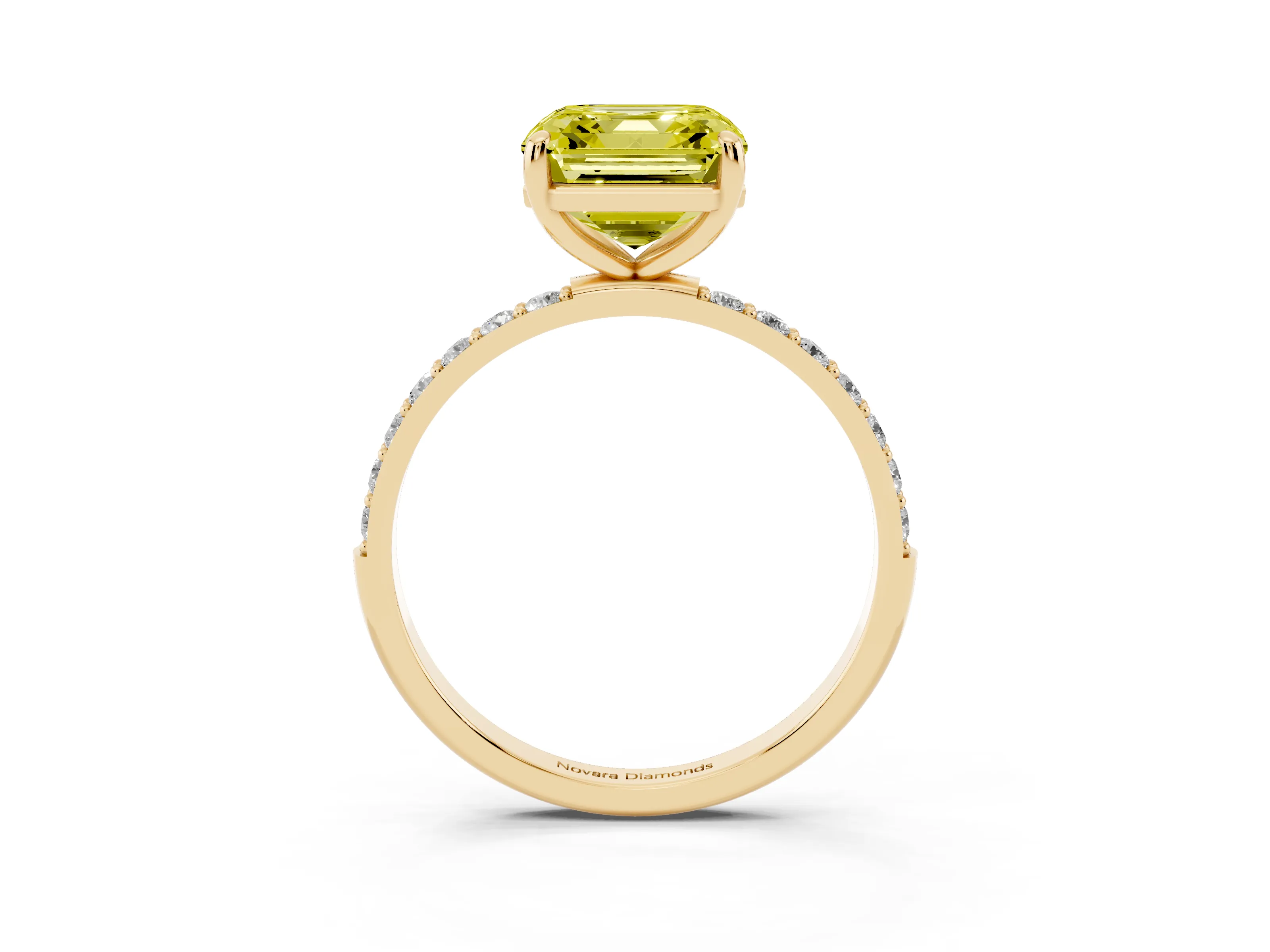 Fancy Yellow Asscher Cut Diamond Solitaire Ring Set in Yellow gold with Round Pavé Band and Prong Setting
