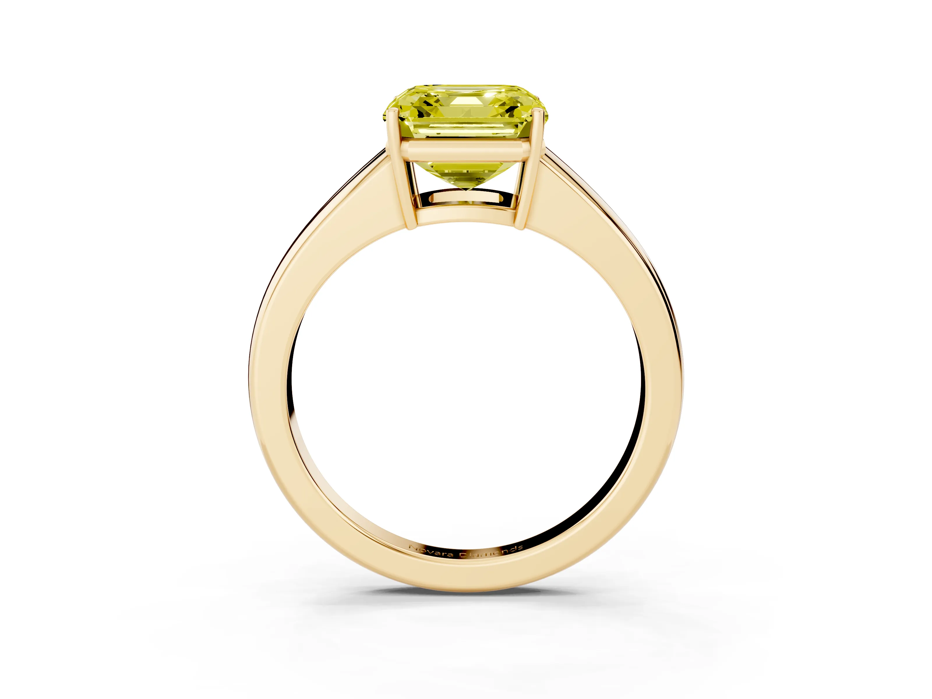 Fancy Yellow Asscher Cut Diamond Solitaire Ring Set in Yellow gold with Tapered Band and Prong Setting