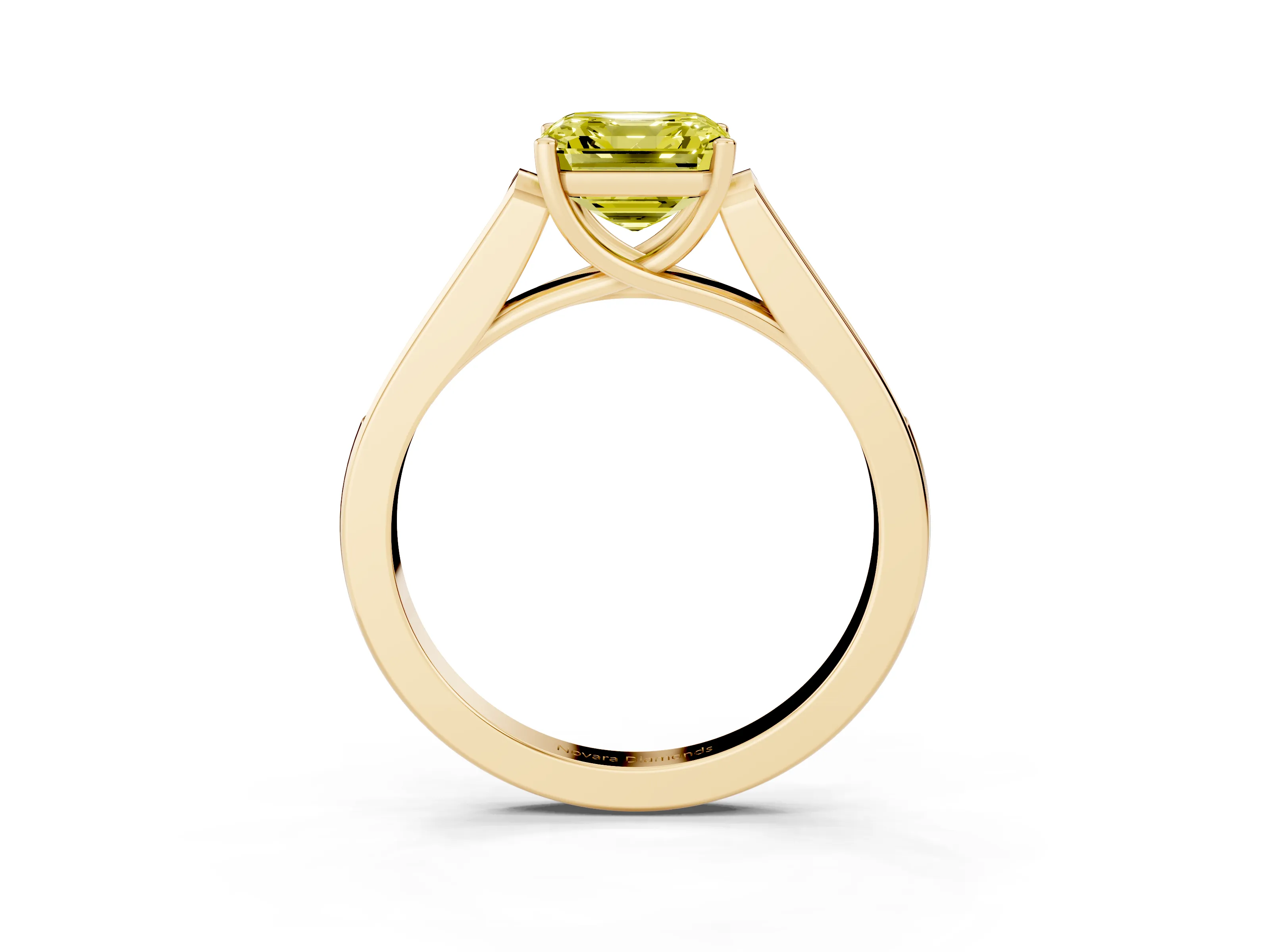 Fancy Yellow Asscher Cut Diamond Solitaire Cathedral Engagement Ring Set in Yellow gold with Channel-Set Band and Prong Setting