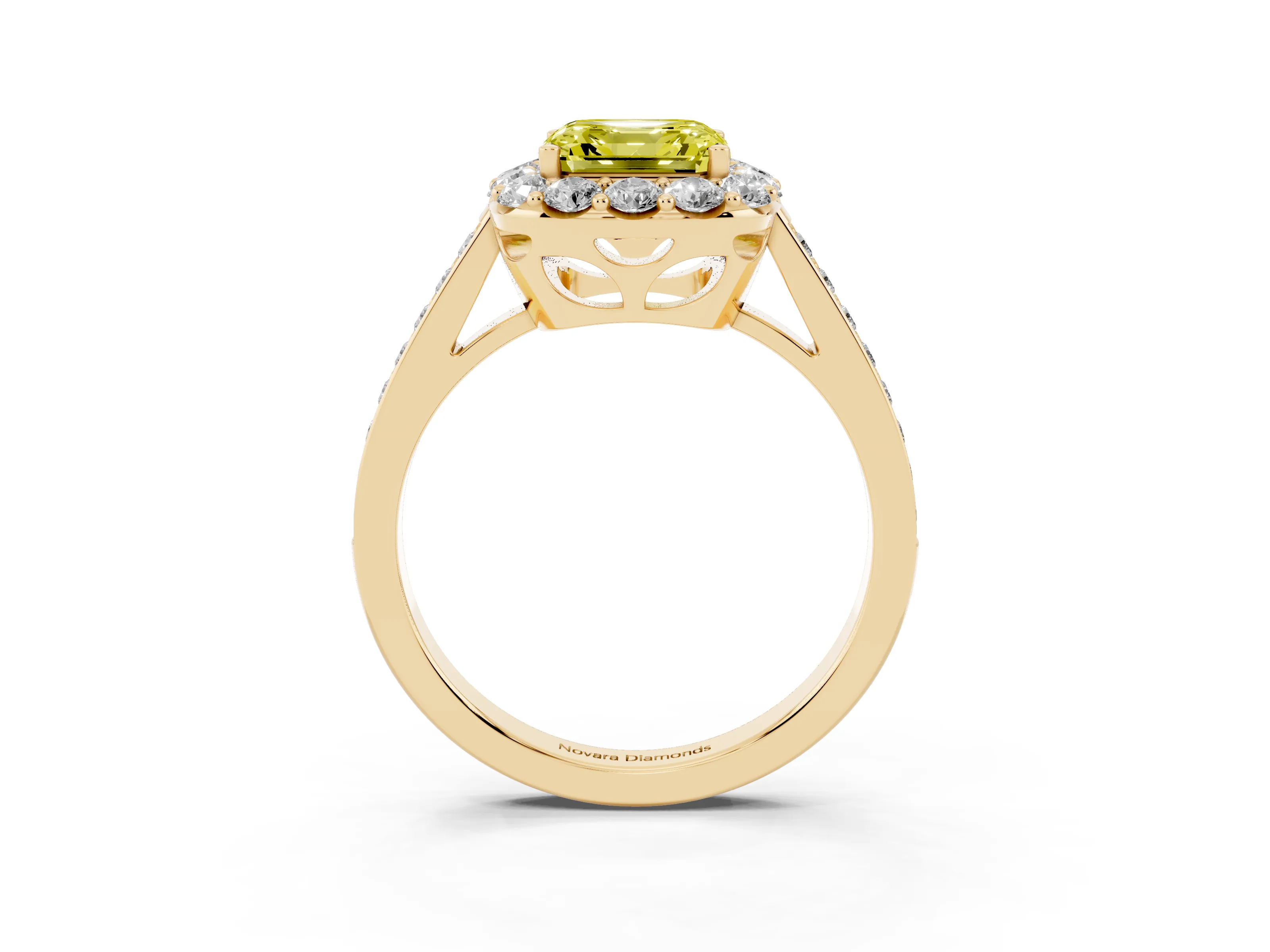 Fancy Yellow Asscher Cut Diamond Floral Halo Ring Set in Yellow gold with Pavé Band and Prong Setting