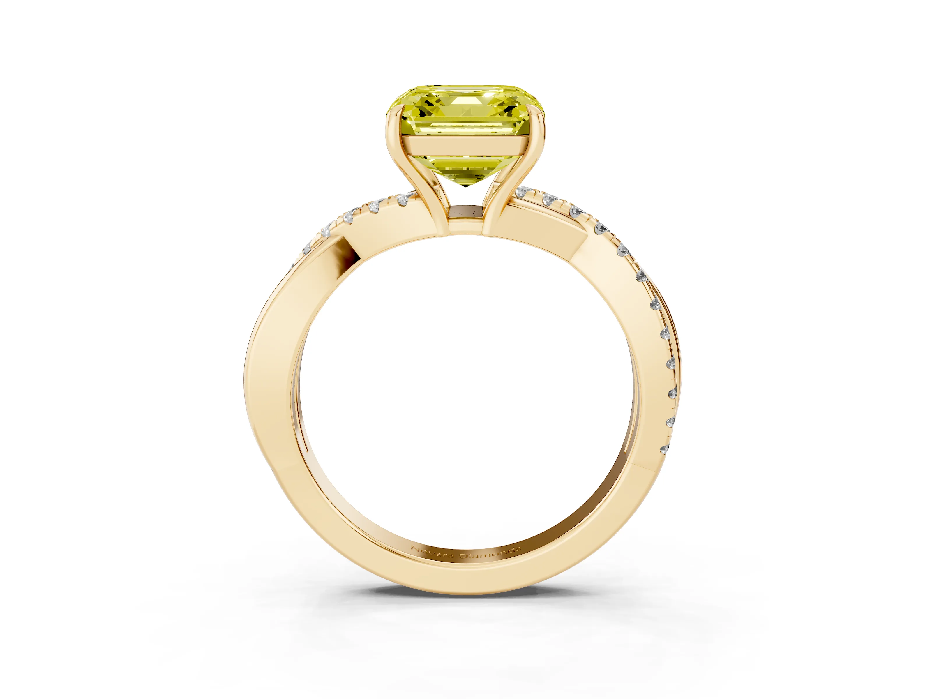 Fancy Yellow Asscher Cut Diamond Twisted Pavé Band Ring Set in Yellow gold with Prong Setting