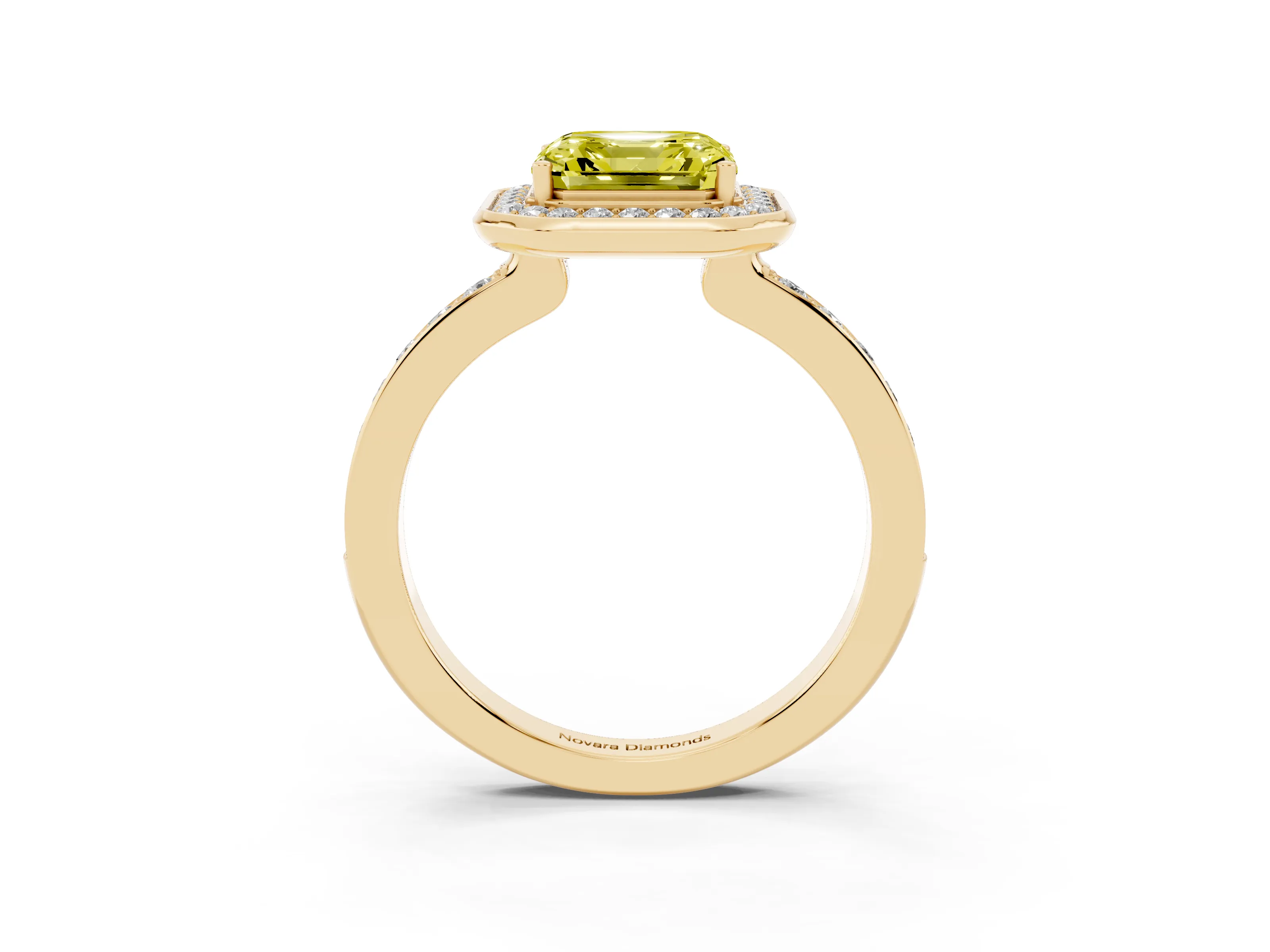 Fancy Yellow Asscher Cut Diamond Halo Ring Set in Yellow gold with Bezel Frame and Pavé Band
