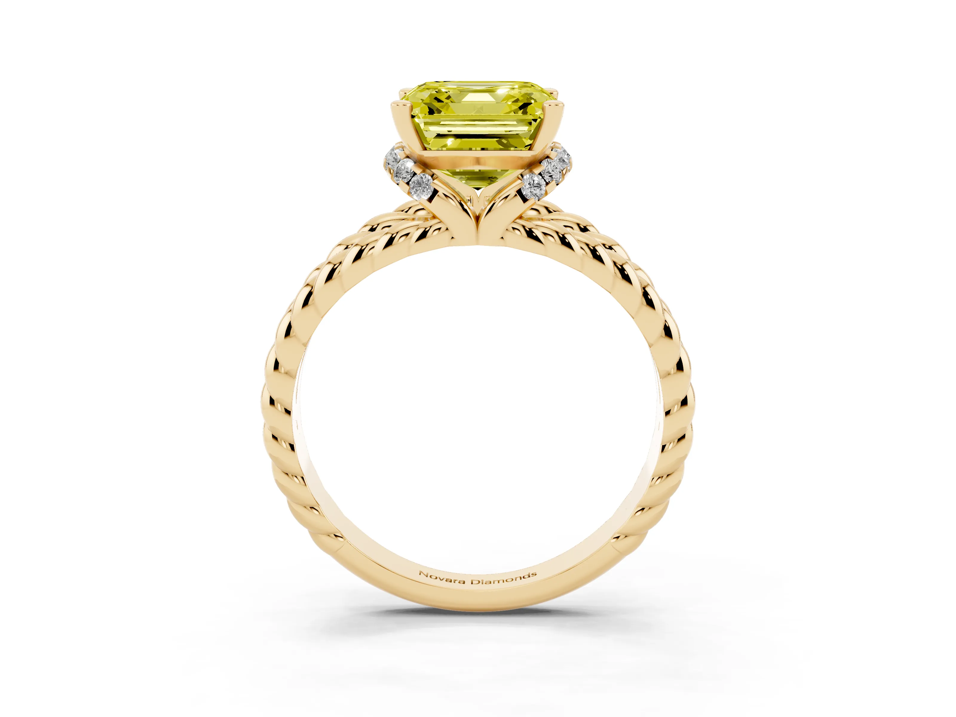 Fancy Yellow Asscher Cut Diamond Halo Ring Set in Yellow gold with Twisted Band and Prong Setting
