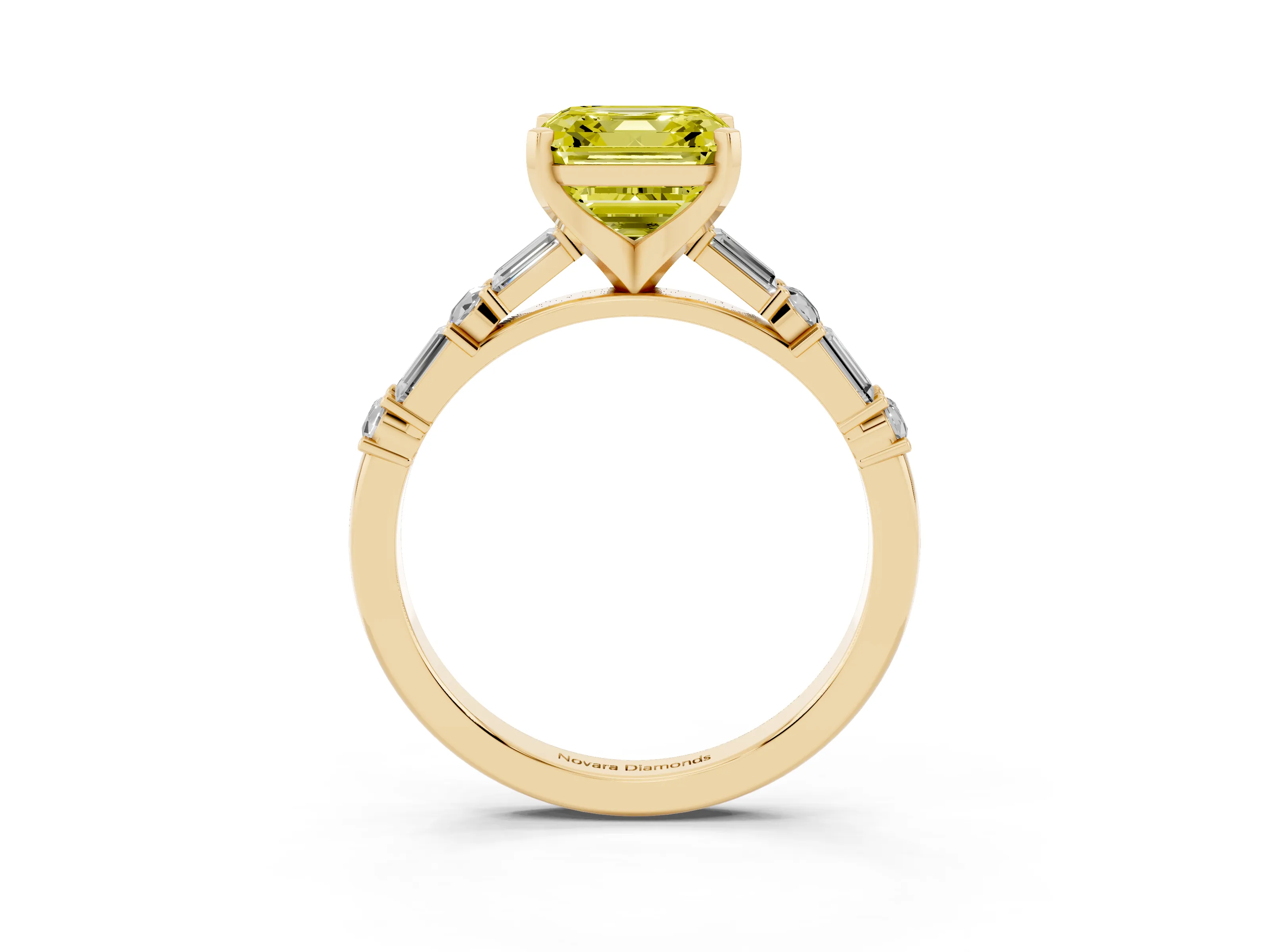 Fancy Yellow Asscher Cut Diamond Solitaire Set in Yellow gold with Side Baguettes and Channel Set Band