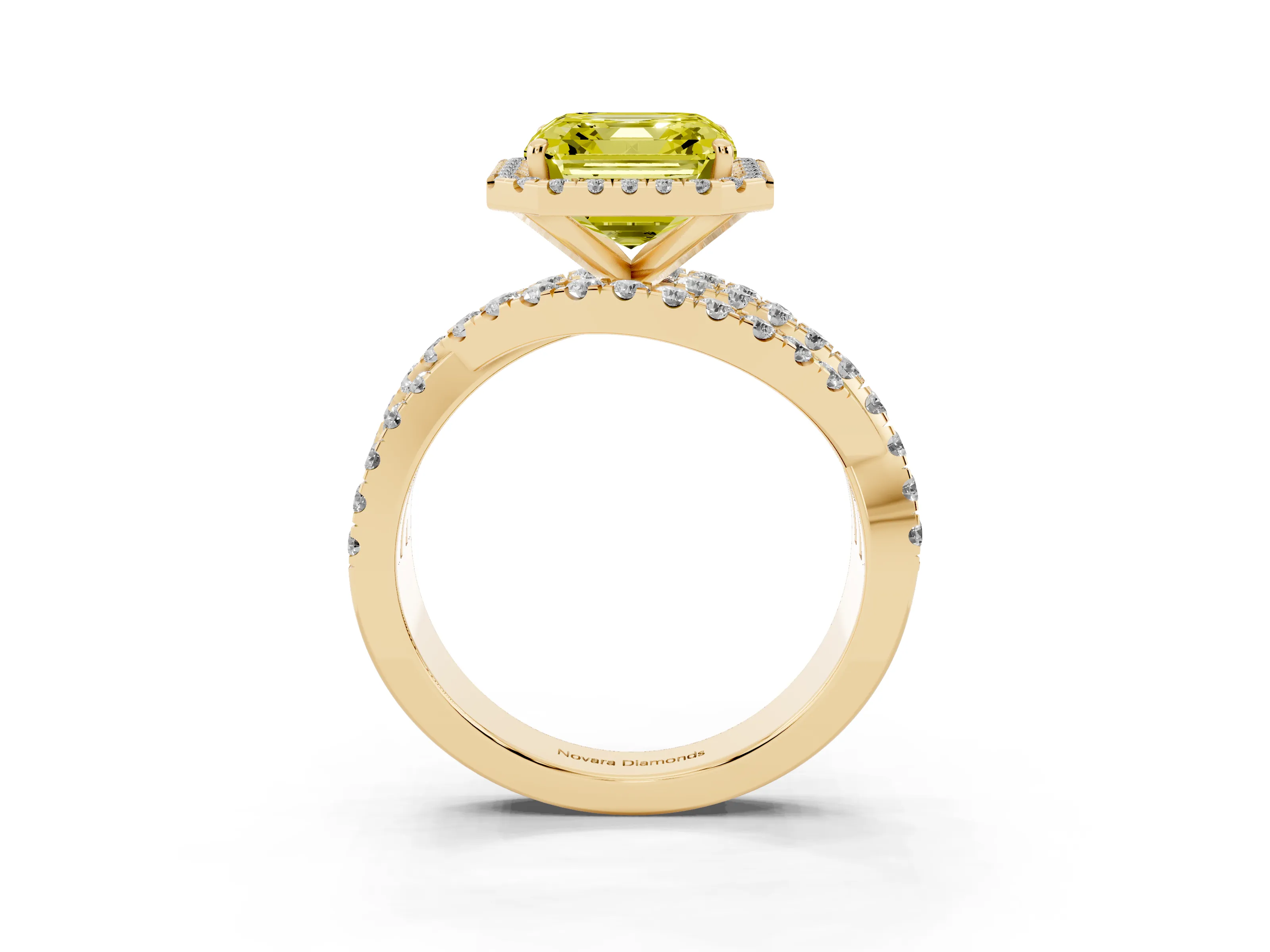 Fancy Yellow Asscher Cut Diamond Halo Ring Set in Yellow gold with Round Crossover Split Shank and Prong Setting