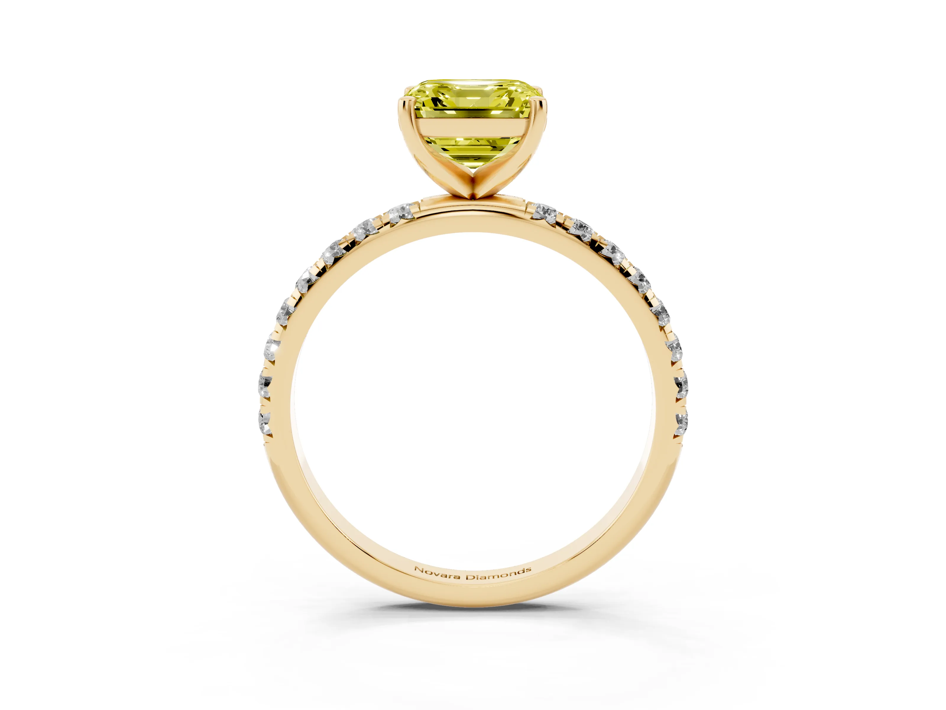 Fancy Yellow Asscher Cut Diamond Solitaire Ring Set in Yellow gold with Micro Pavé Band and Prong Setting