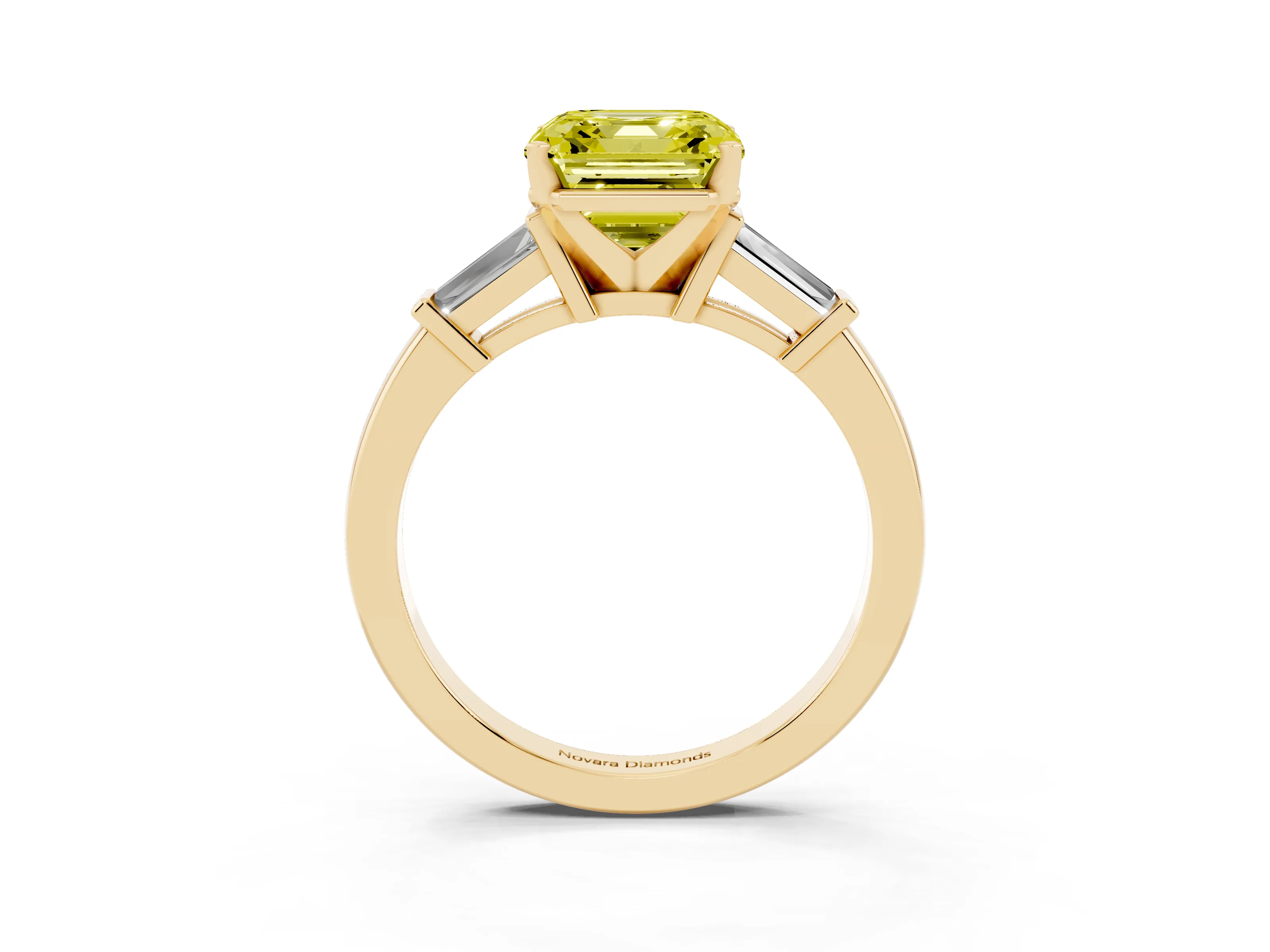 Fancy Yellow Asscher Cut Diamond Solitaire Ring Set in Yellow gold with Tapered Baguette Accents and Prong Setting