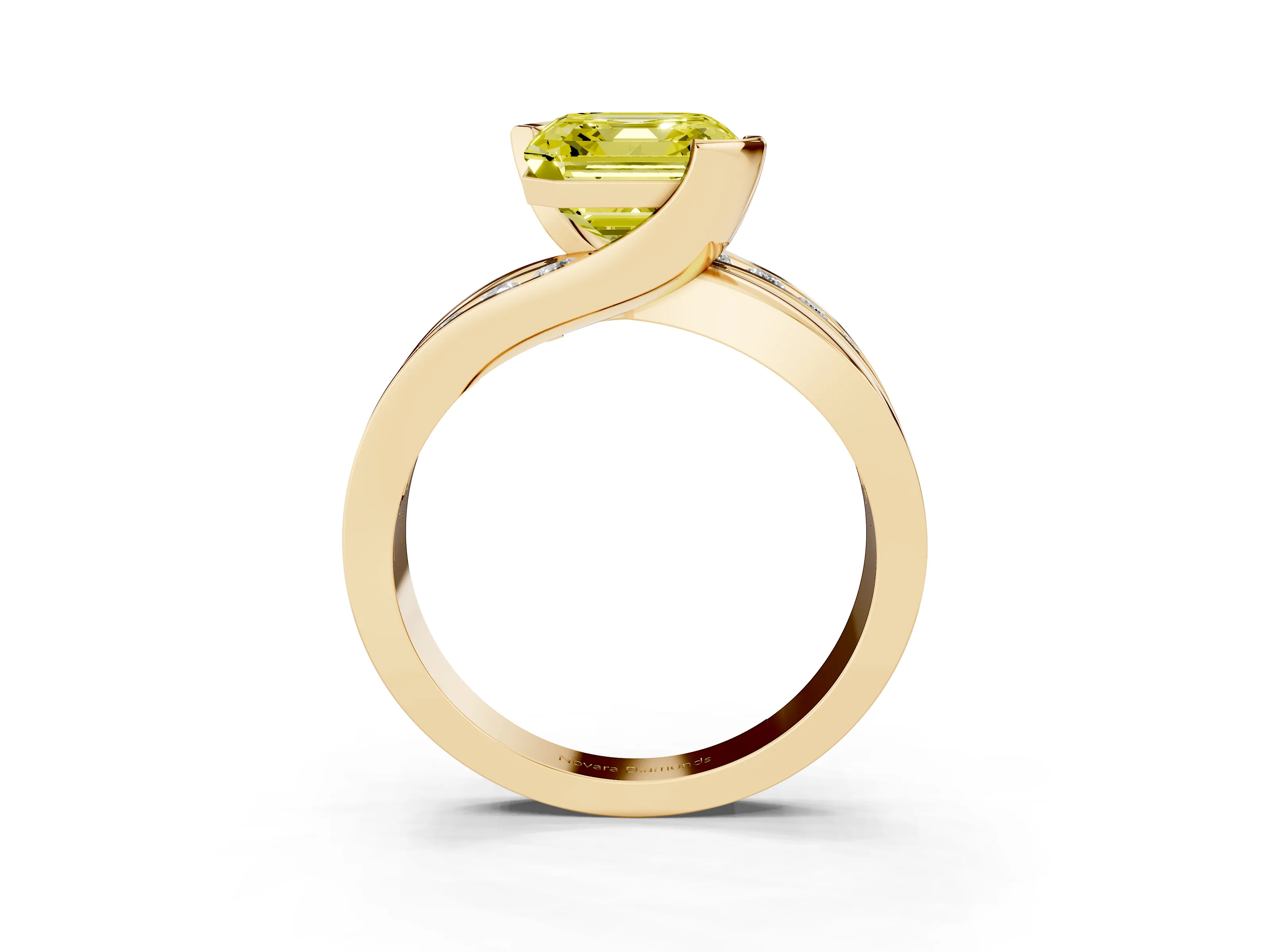 Fancy Yellow Asscher Cut Diamond Solitaire Ring Set in Yellow gold with Channel Set Split Shank and Tension Prongs