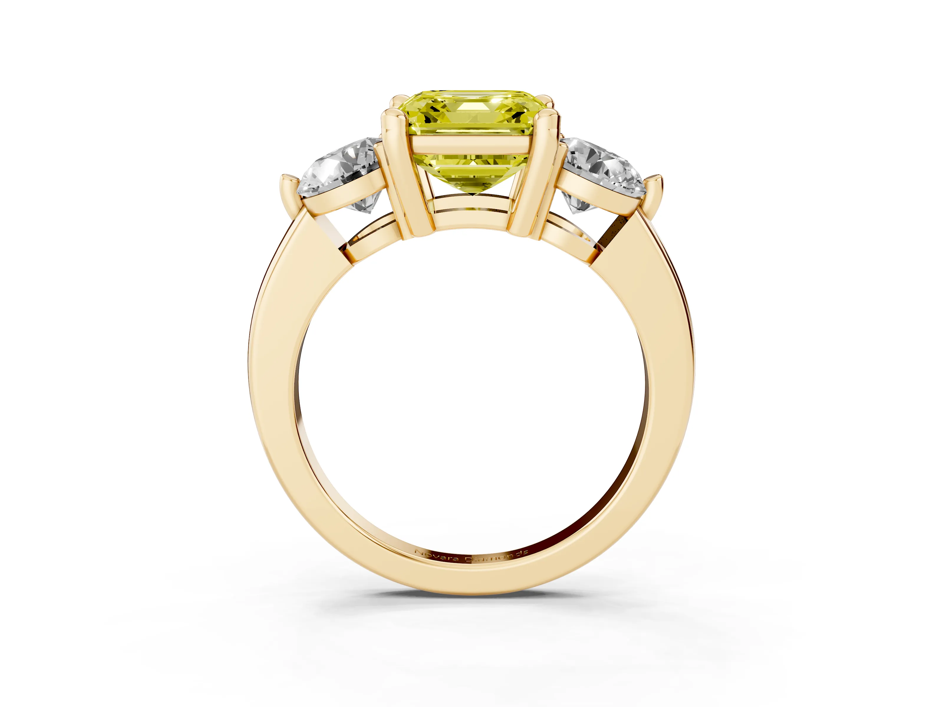 Fancy Yellow Asscher Cut Diamond Three-Stone Ring Set in Yellow gold with Prong Setting and Classic Band
