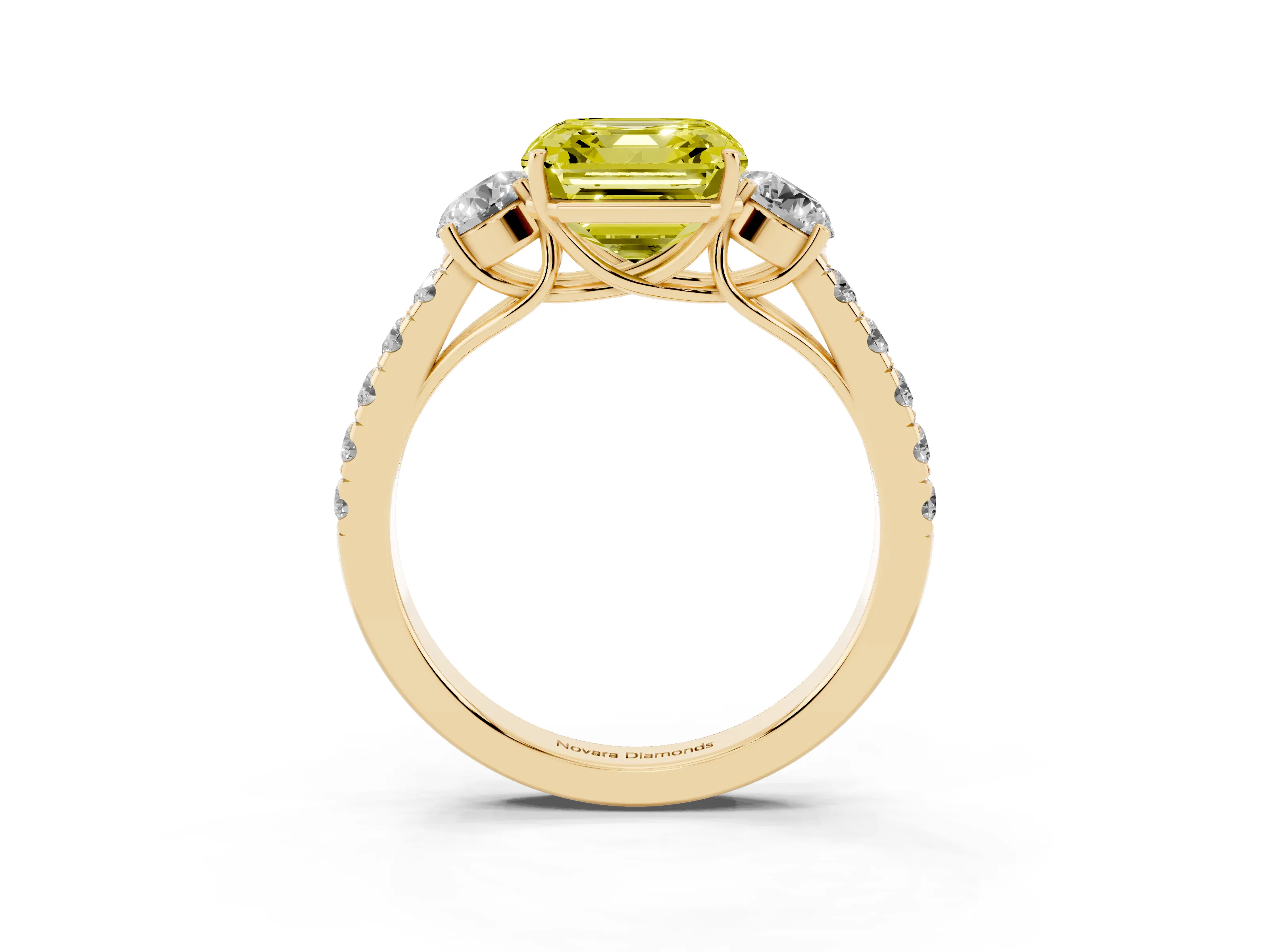Fancy Yellow Asscher Cut Diamond Three-Stone Ring Set in Yellow gold with Round Side Stones and Delicate Pavé Band