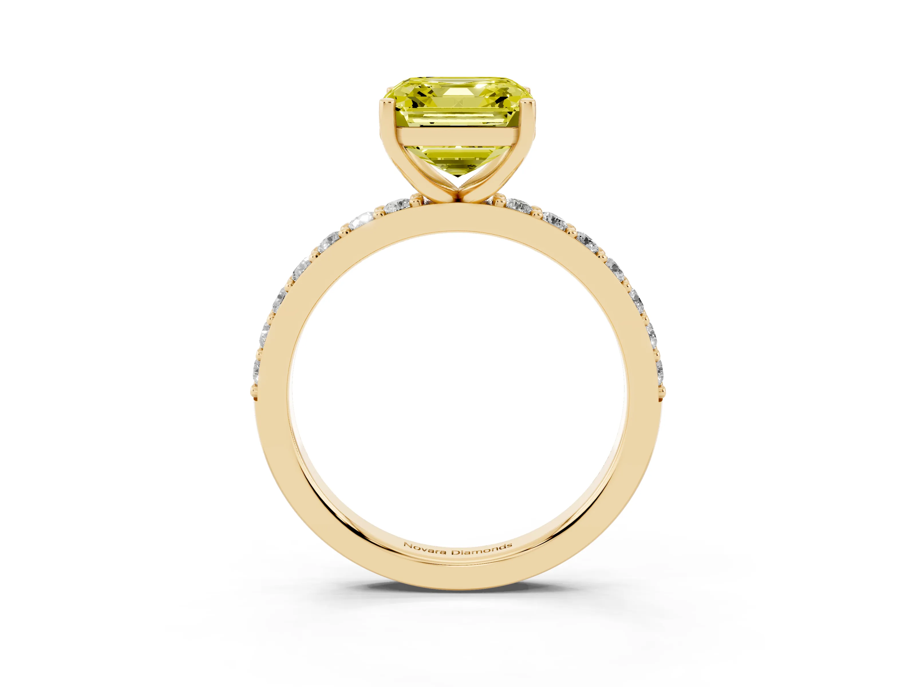 Fancy Yellow Asscher Cut Diamond Solitaire Set in Yellow gold with Round Pavé Band and Prong Setting