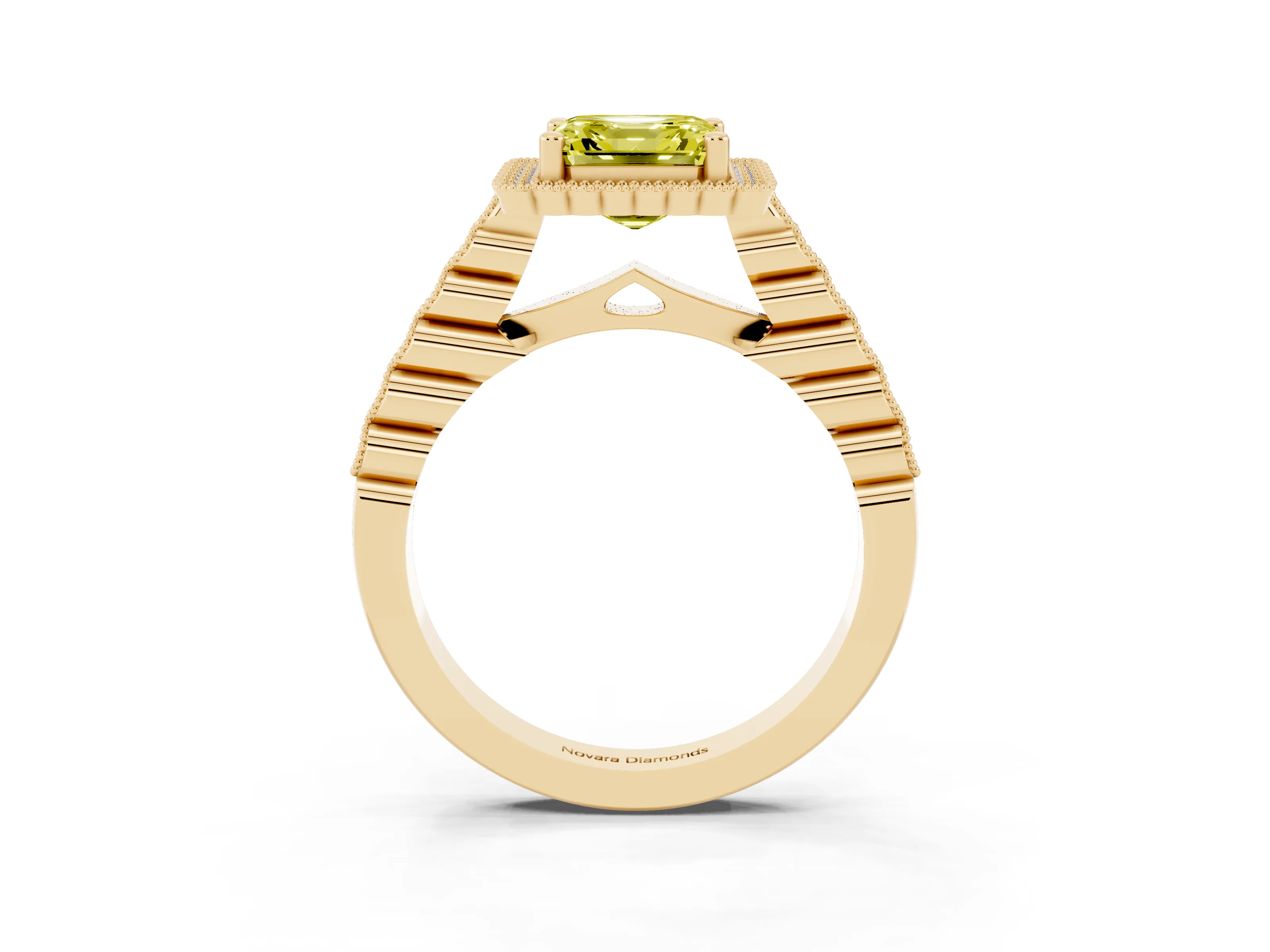 Fancy Yellow Asscher Cut Diamond Halo Ring Set in Yellow gold with Pavé Milgrain Band
