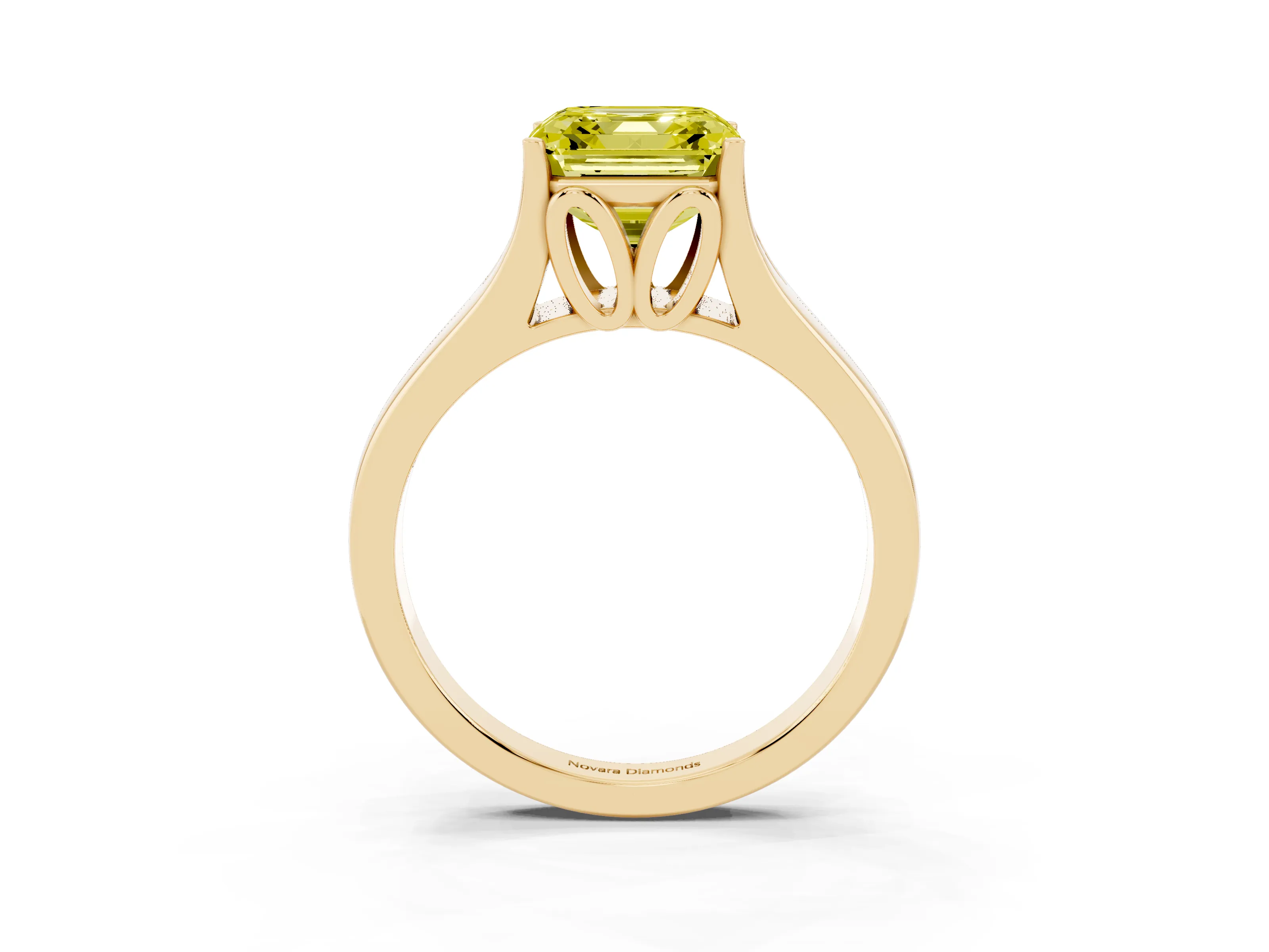 Fancy Yellow Asscher Cut Diamond Solitaire Ring Set in Yellow gold with Arched Cathedral Band and Prong Setting