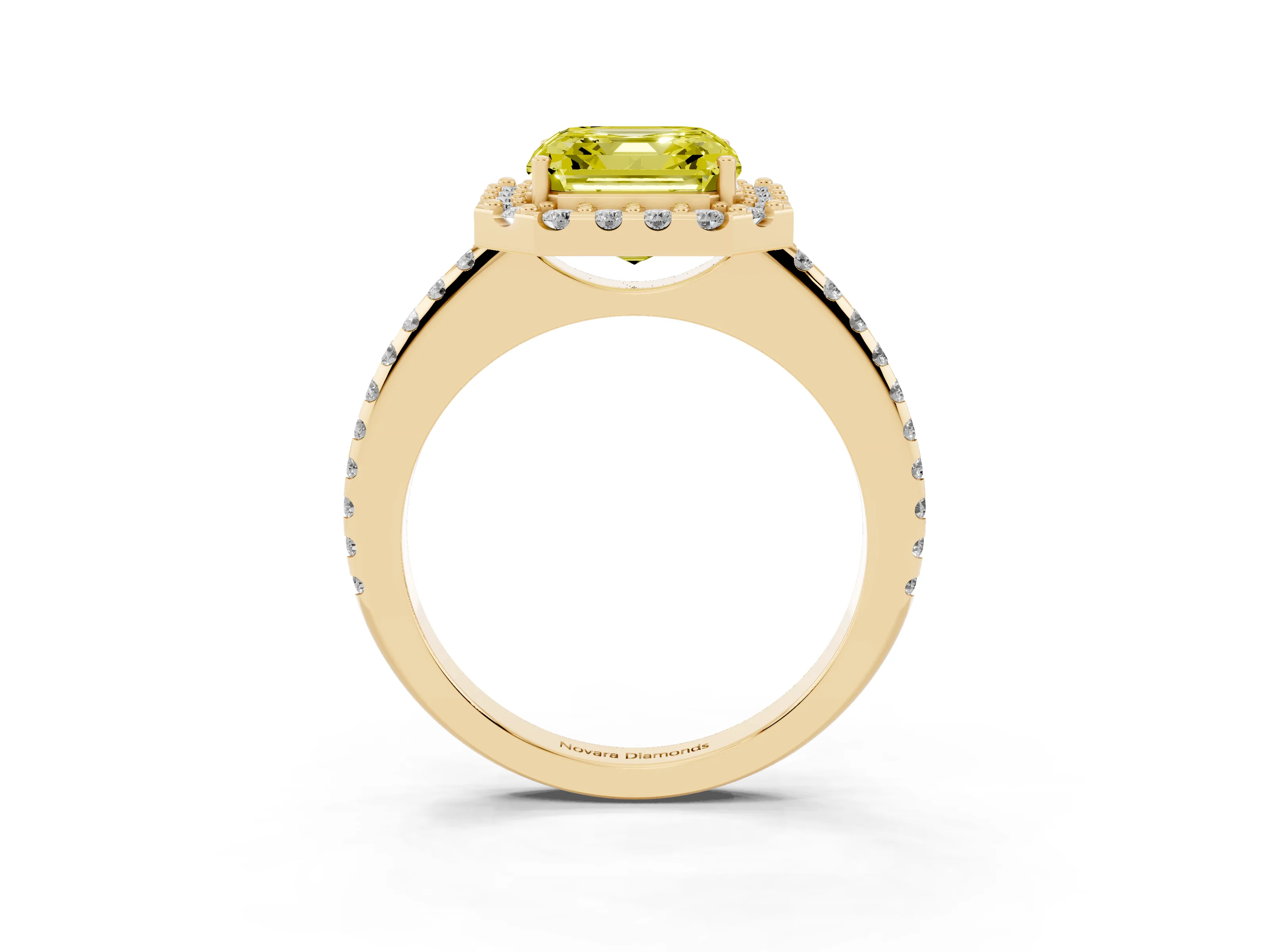Fancy Yellow Asscher Cut Diamond Pavé Halo Ring Set in Yellow gold with Prong Setting
