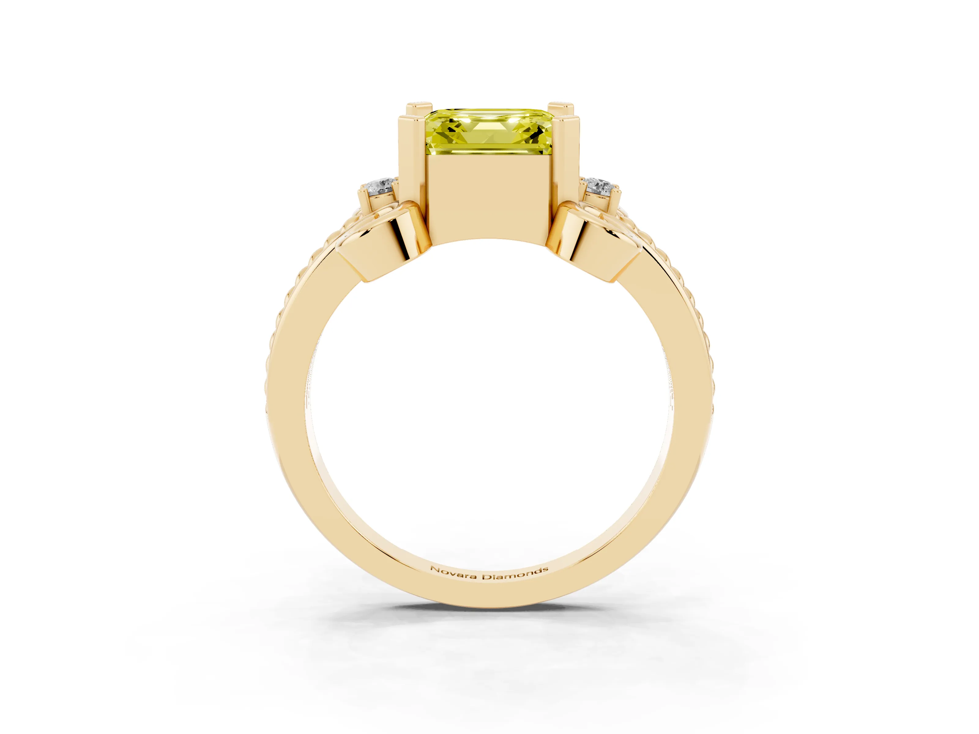 Fancy Yellow Asscher Cut Diamond Twisted Band Solitaire Ring Set in Yellow gold with Scroll Prongs