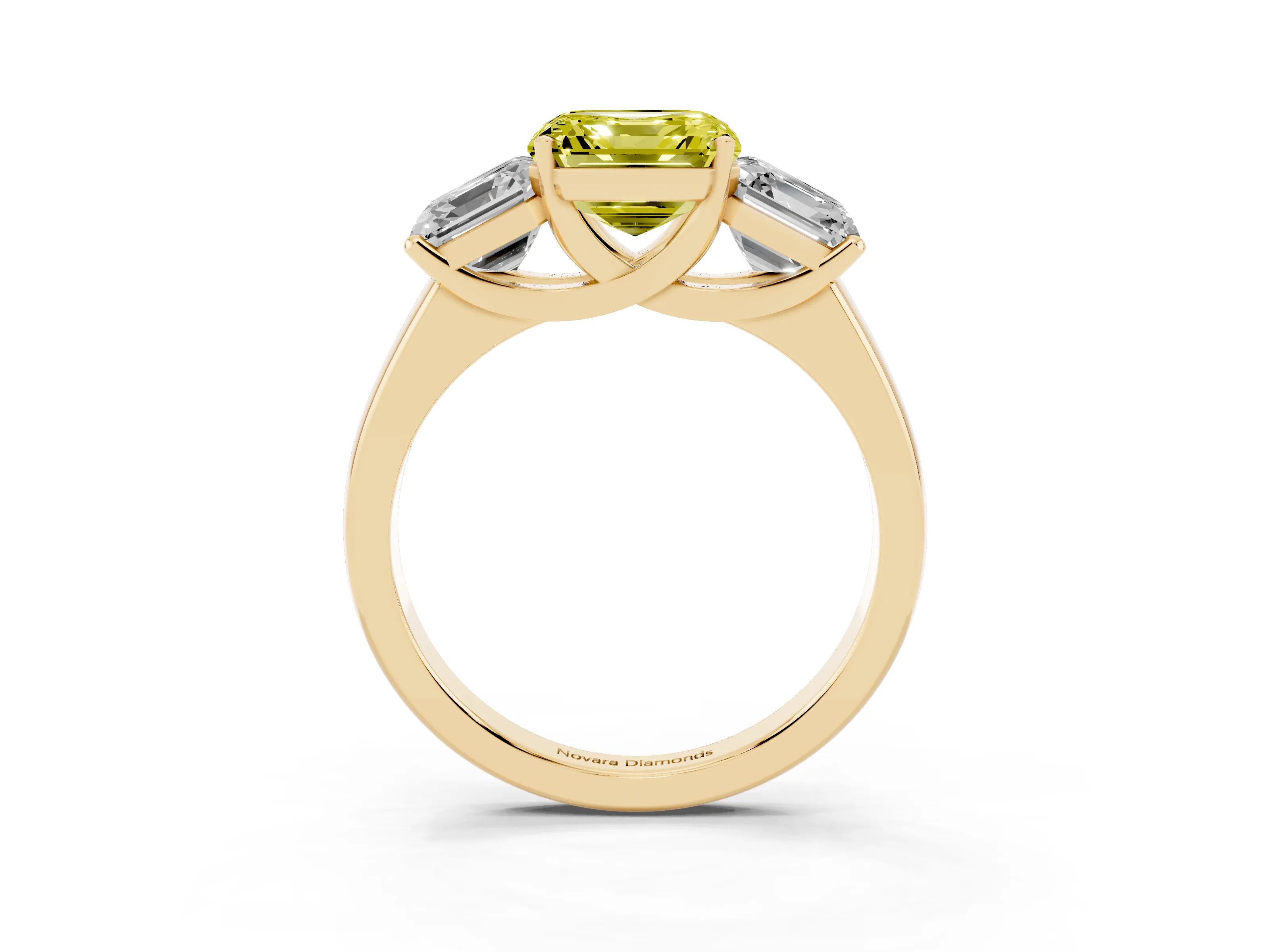 Fancy Yellow Asscher Cut Diamond Three-Stone Ring Set in Yellow gold with Classic Prong Setting and Plain Band