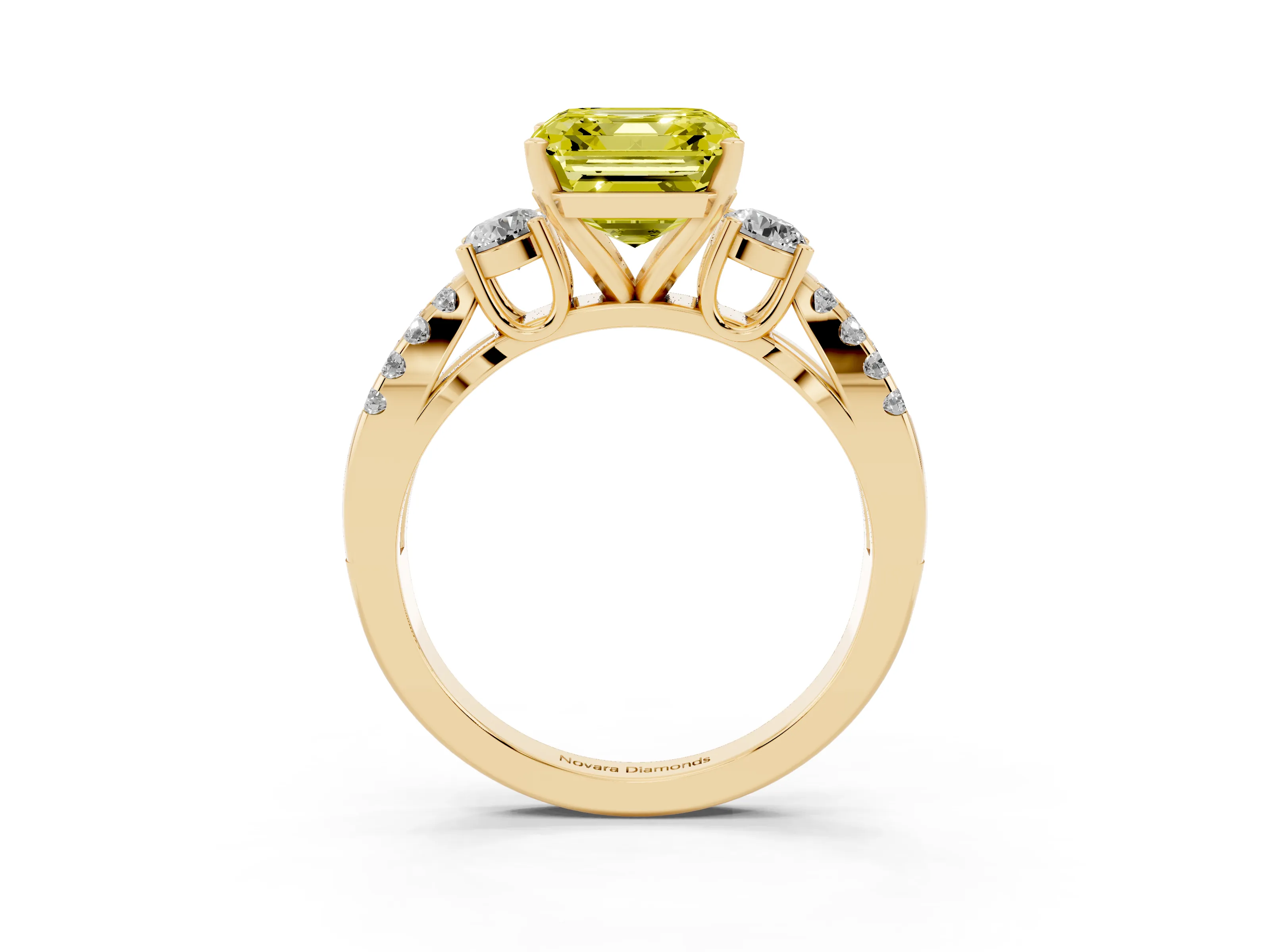 Fancy Yellow Asscher Cut Diamond Three-Stone Ring Set in Yellow gold with Pavé Split Shank and Prong Setting