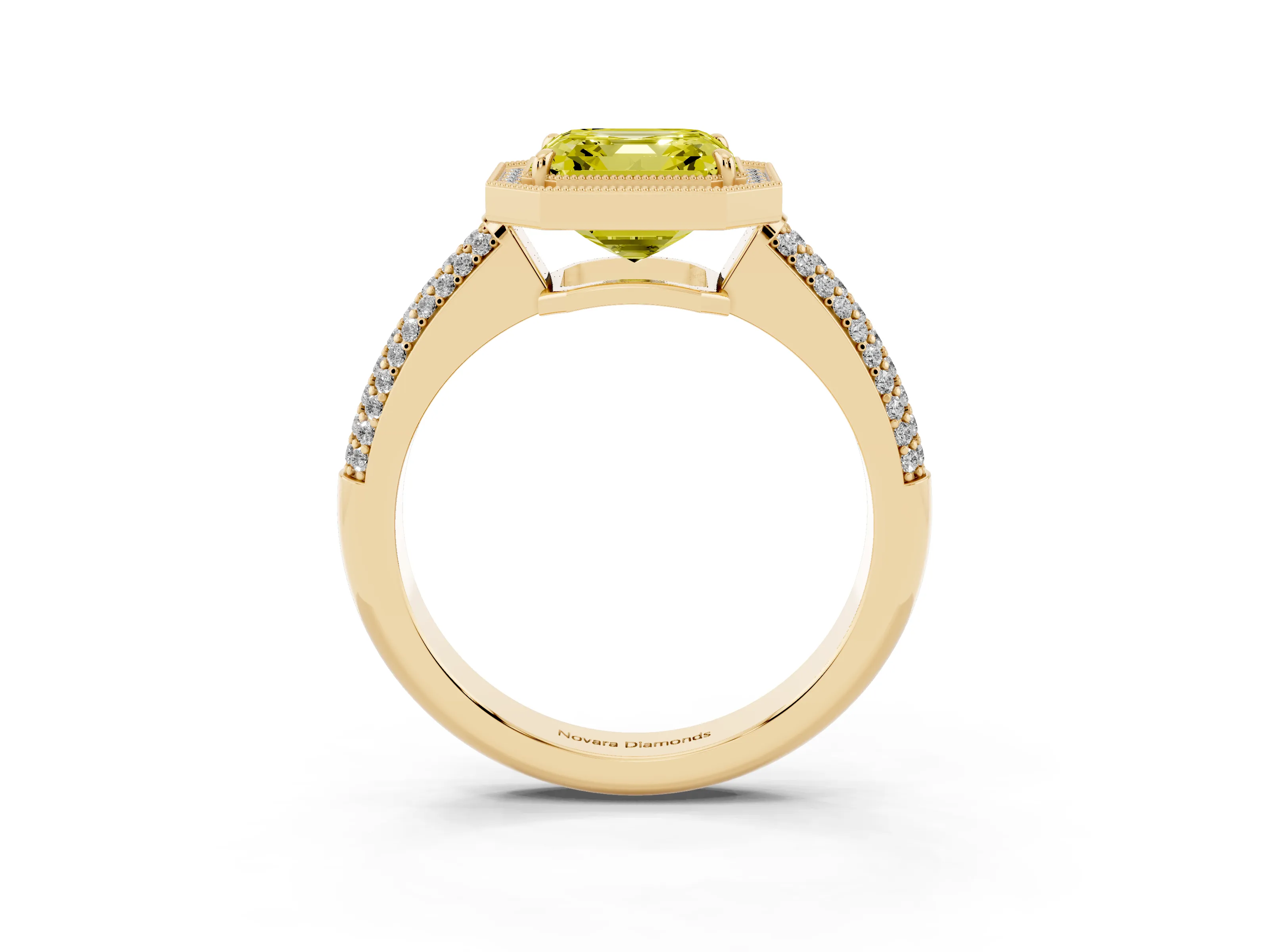 Fancy Yellow Asscher Cut Diamond Halo Pavé Band Set in Yellow gold with Prong Setting