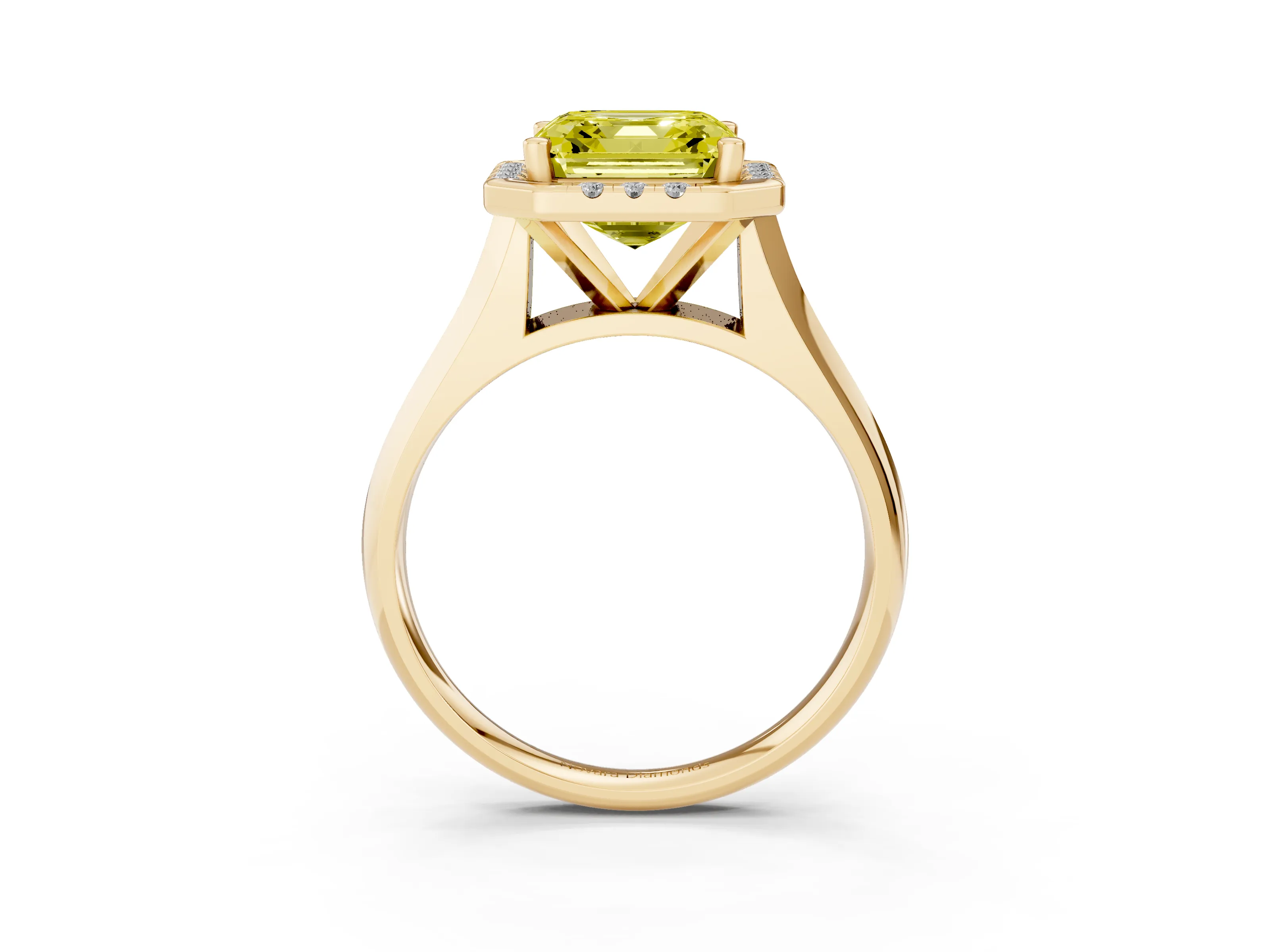 Fancy Yellow Asscher Cut Diamond Halo Solitaire Engagement Ring Set in Yellow gold with Square Band and Prong Setting