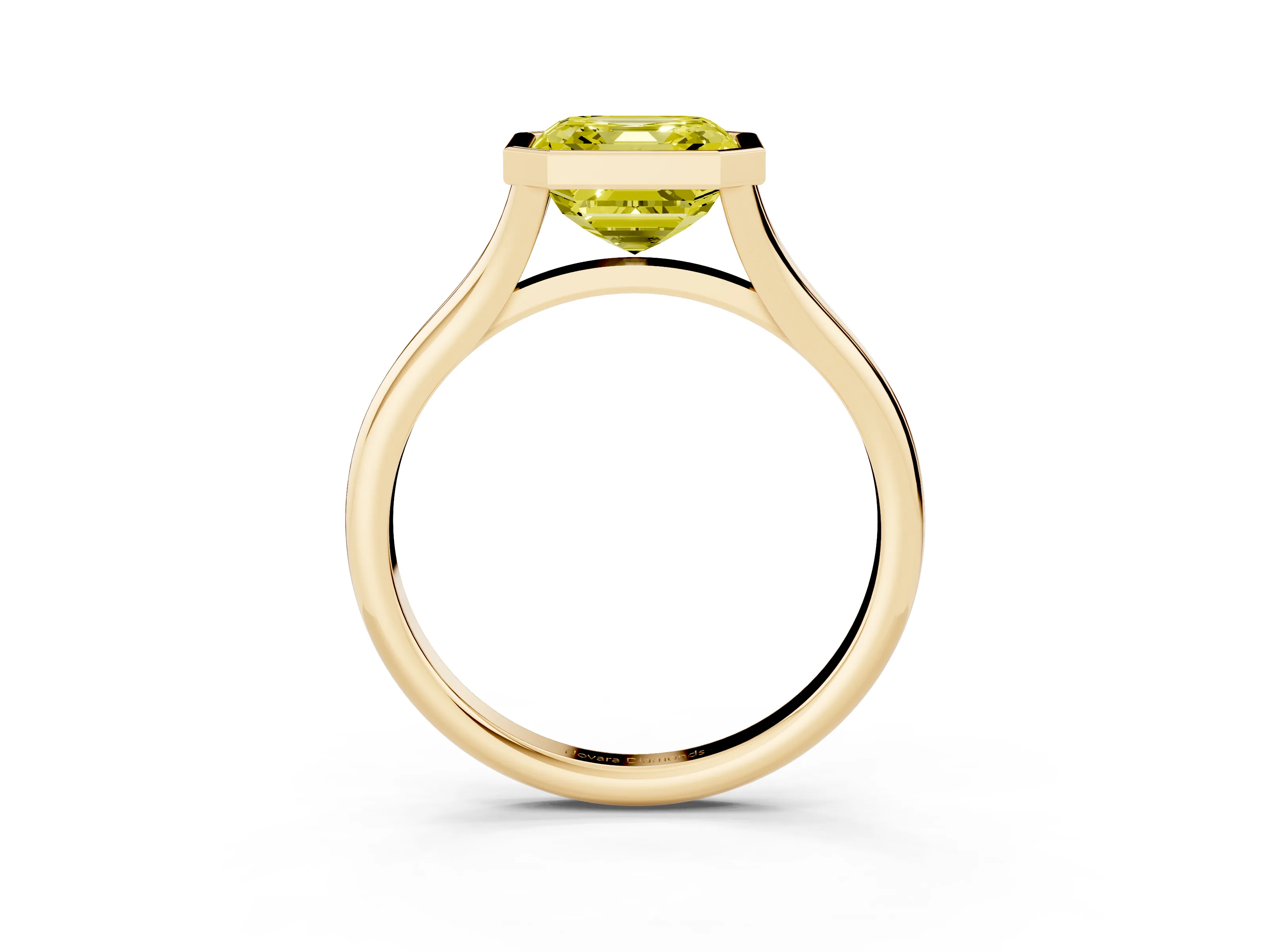 Fancy Yellow Bezel Set Asscher Cut Diamond Solitaire Ring Set in Yellow gold with Tapered Band