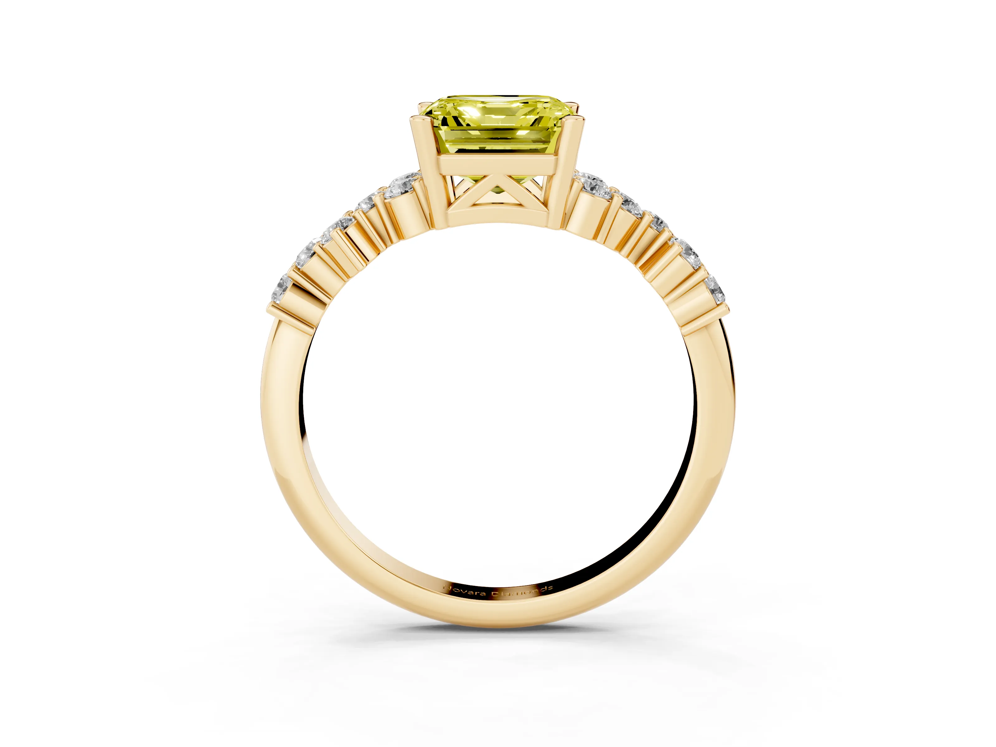 Fancy Yellow Asscher Cut Diamond Ring Set in Yellow gold with Scattered Round Accents