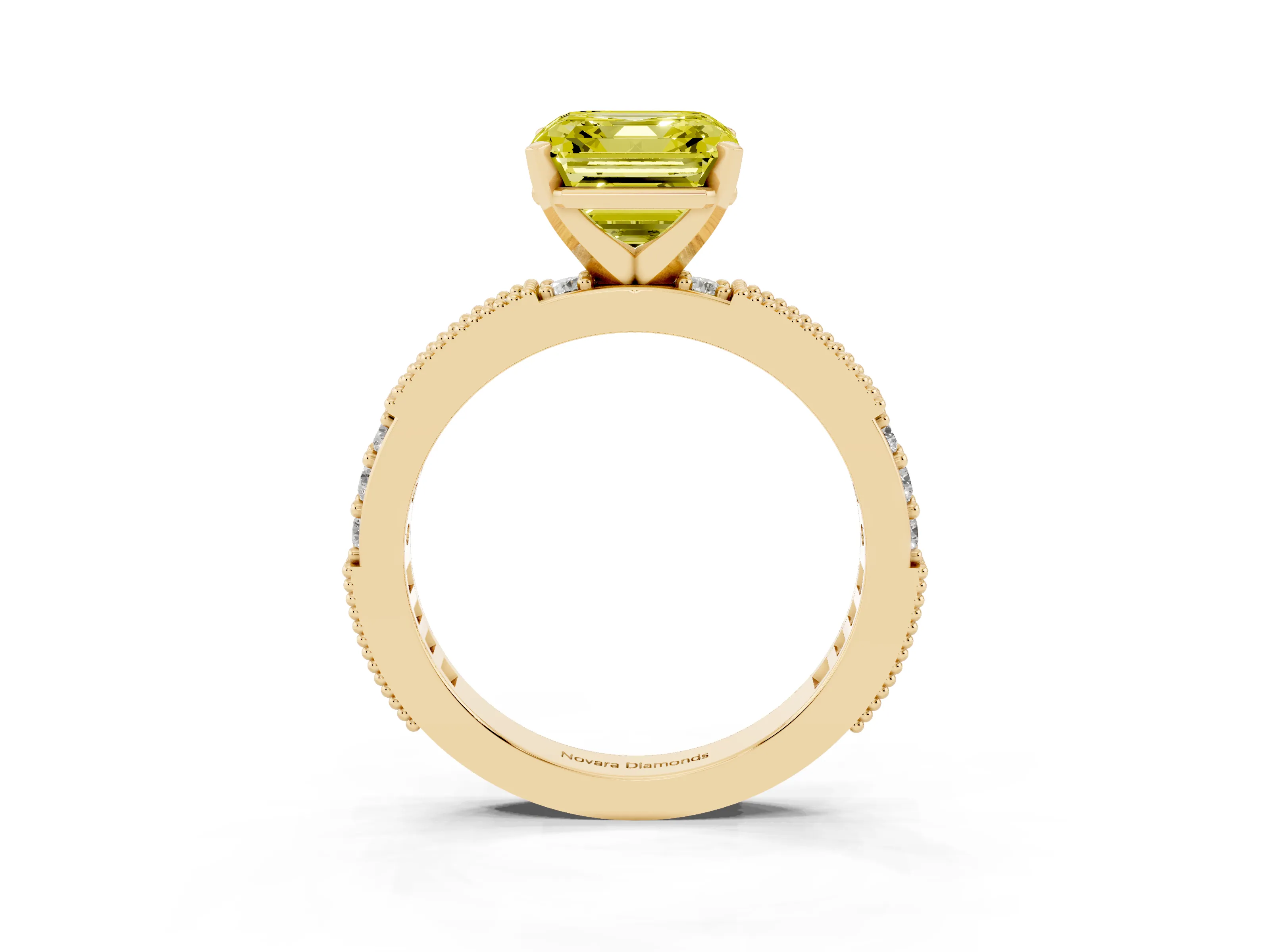 Fancy Yellow Asscher Cut Diamond Solitaire Ring Set in Yellow gold with Slim Pavé Band and Prong Setting