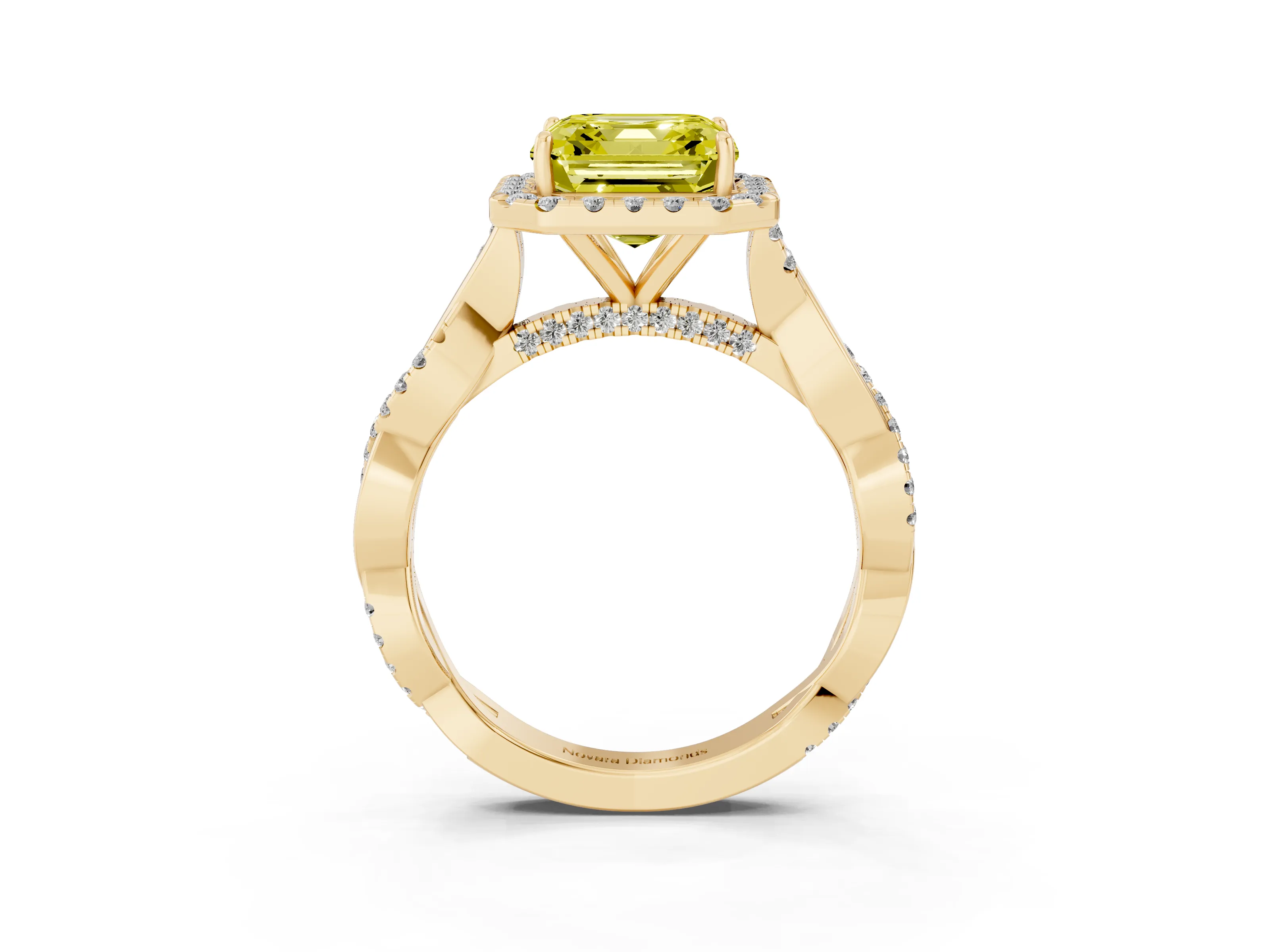 Fancy Yellow Asscher Cut Diamond Halo Twist Band Solitaire Ring Set in Yellow gold with Prong Setting