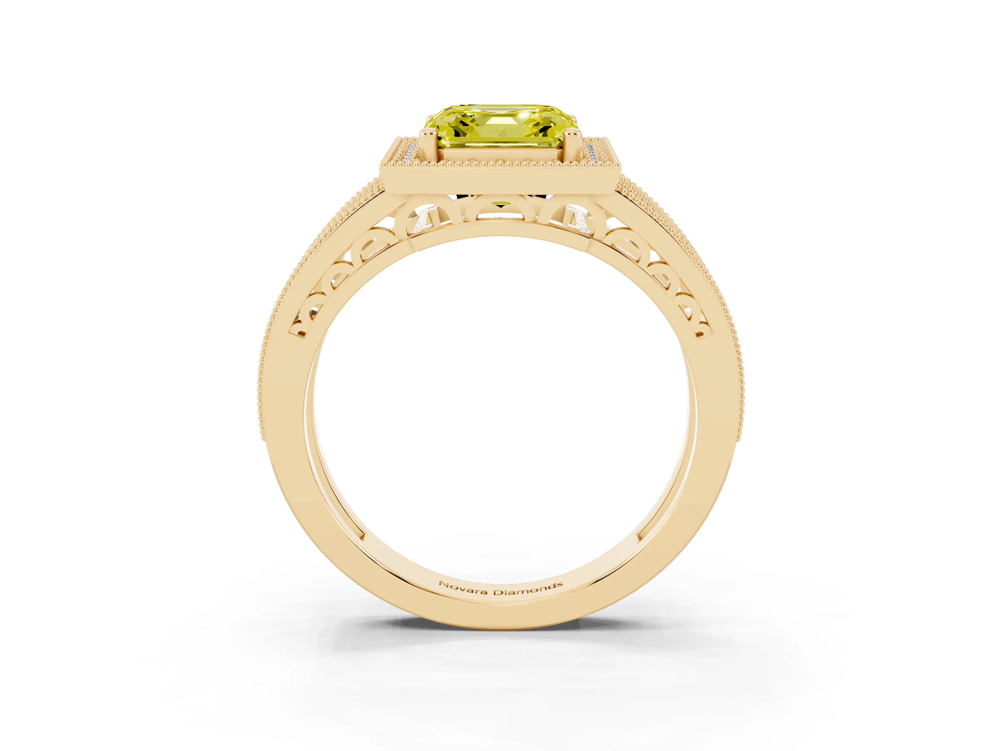 Fancy Yellow Asscher Cut Diamond Halo Ring Set in Yellow gold with Accent Split Shank and Prong Setting