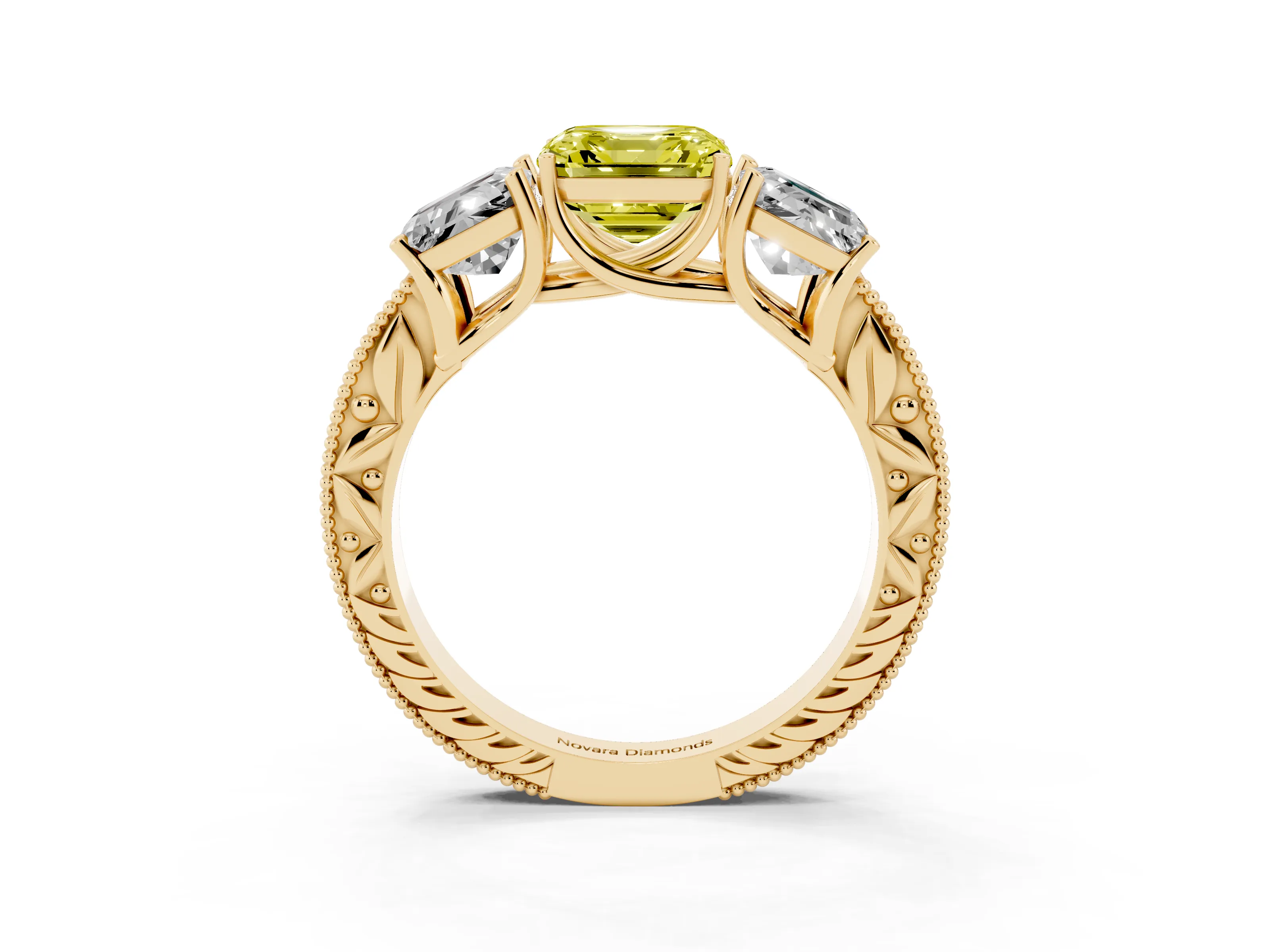 Fancy Yellow Asscher Cut Diamond Three-Stone Engagement Ring Set in Yellow gold with Milgrain Pavé Band