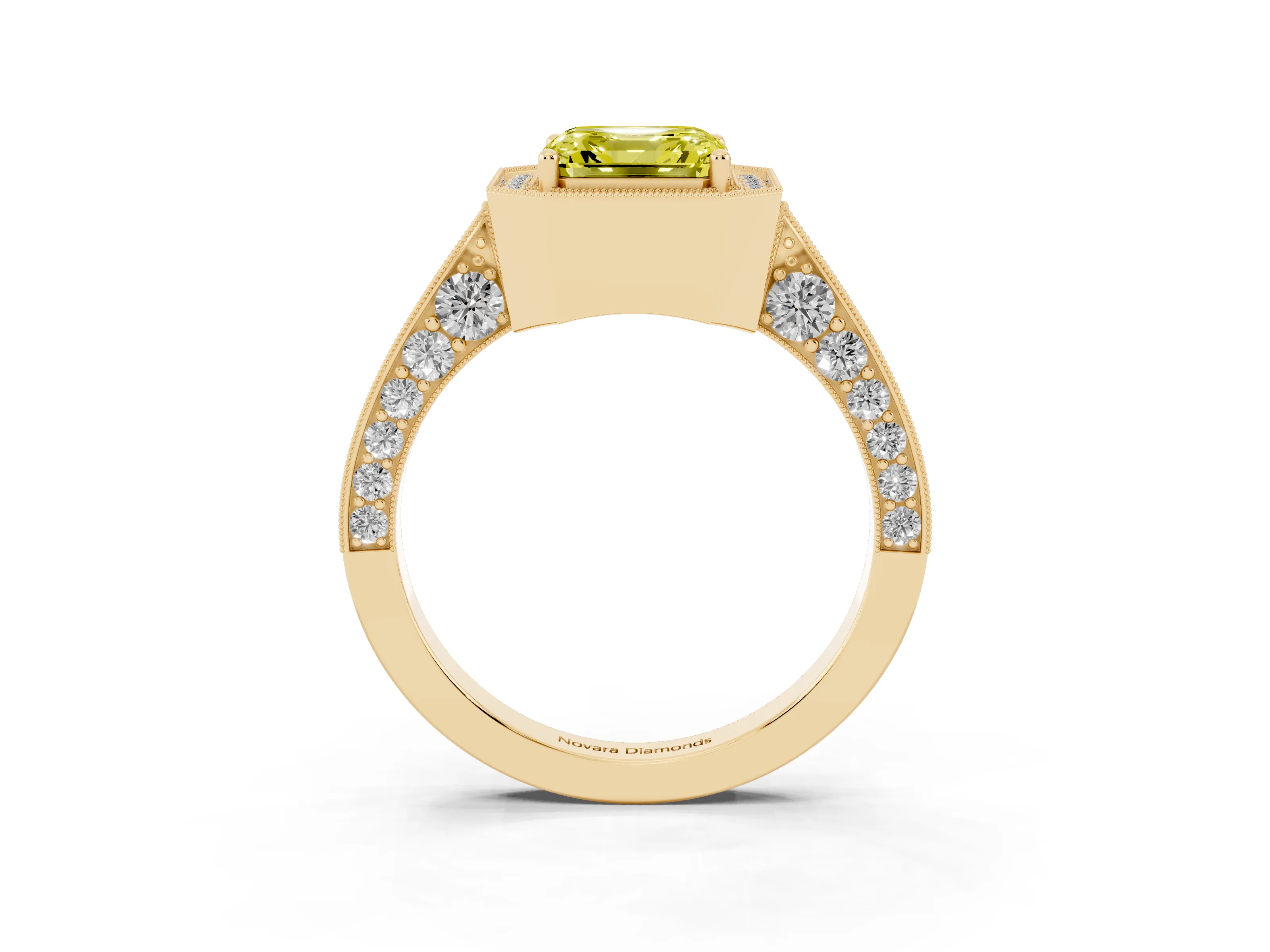 Fancy Yellow Asscher Cut Diamond Halo Engagement Ring Set in Yellow gold with Accent Split Shank Band