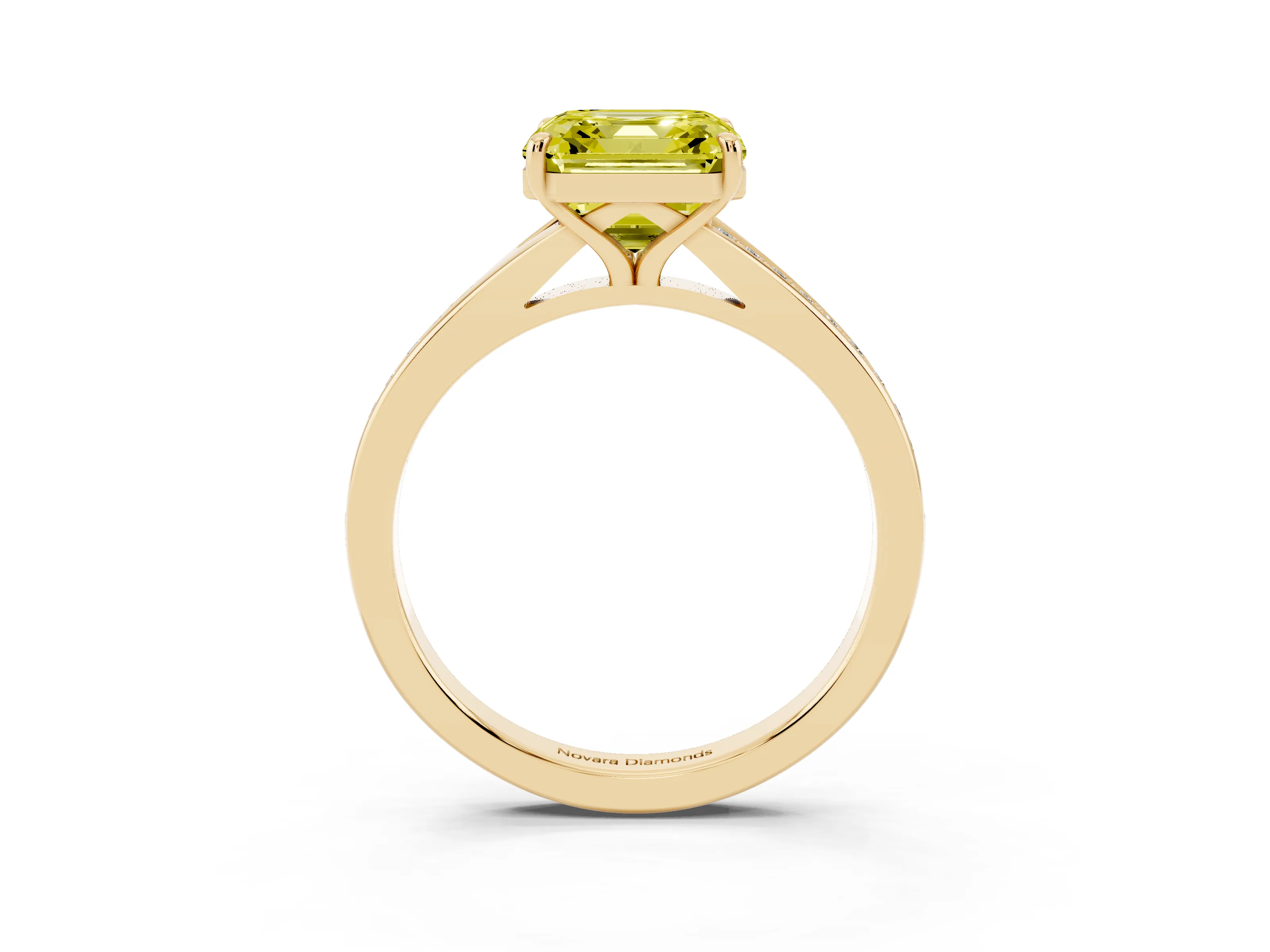 Fancy Yellow Asscher Cut Diamond Solitaire Ring Set in Yellow gold with Pavé Accent Band and Classic Prong Setting
