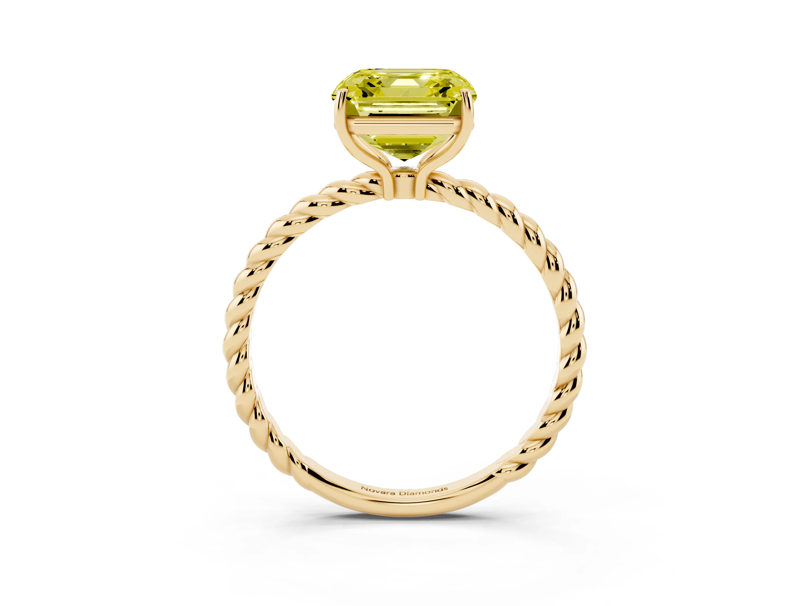Fancy Yellow Asscher Cut Diamond Solitaire Ring Set in Yellow gold with Twist Band and Prong Setting