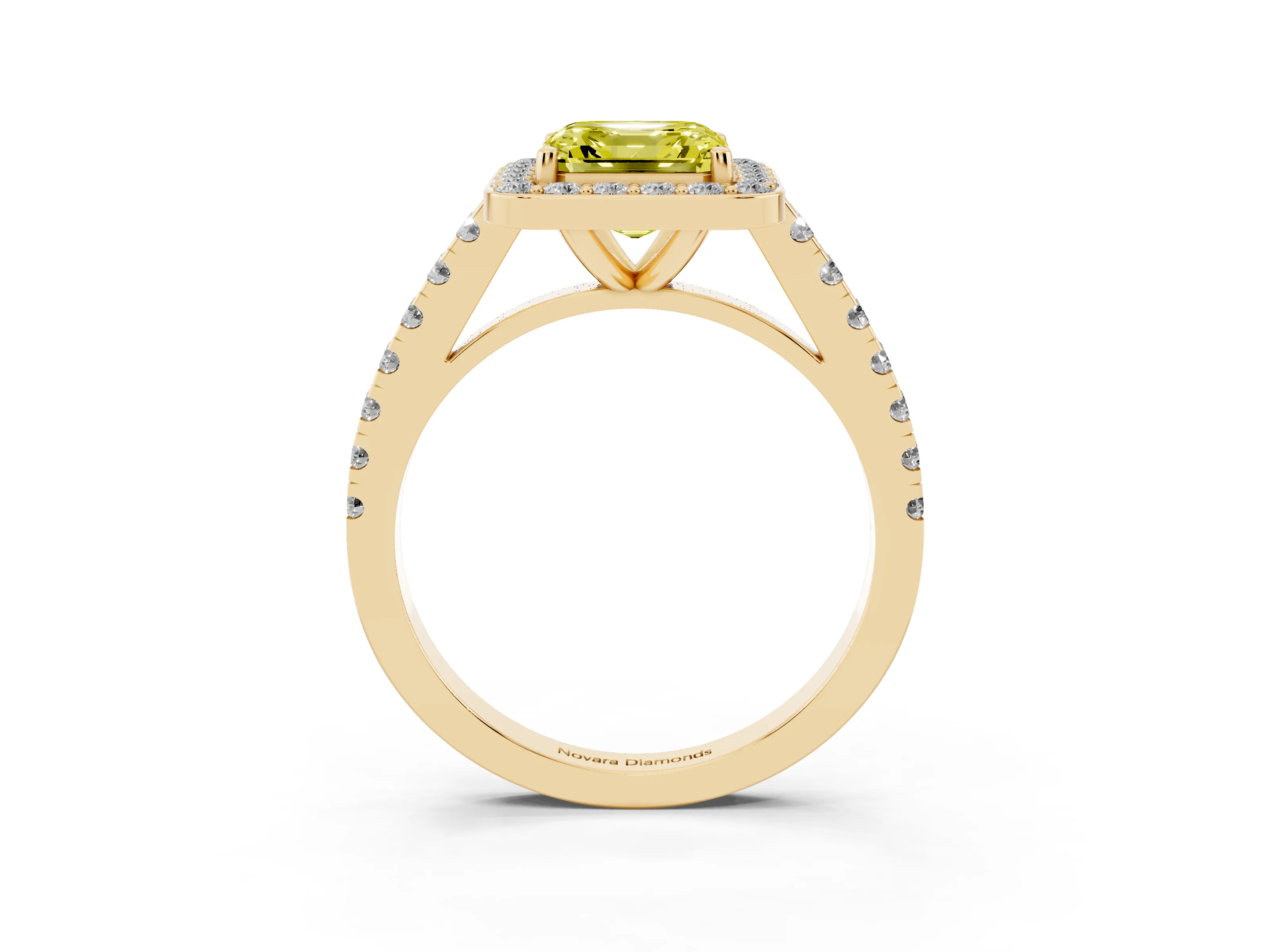 Fancy Yellow Asscher Cut Diamond Halo Ring Set in Yellow gold with Round Pavé Split Shank and Prong Setting