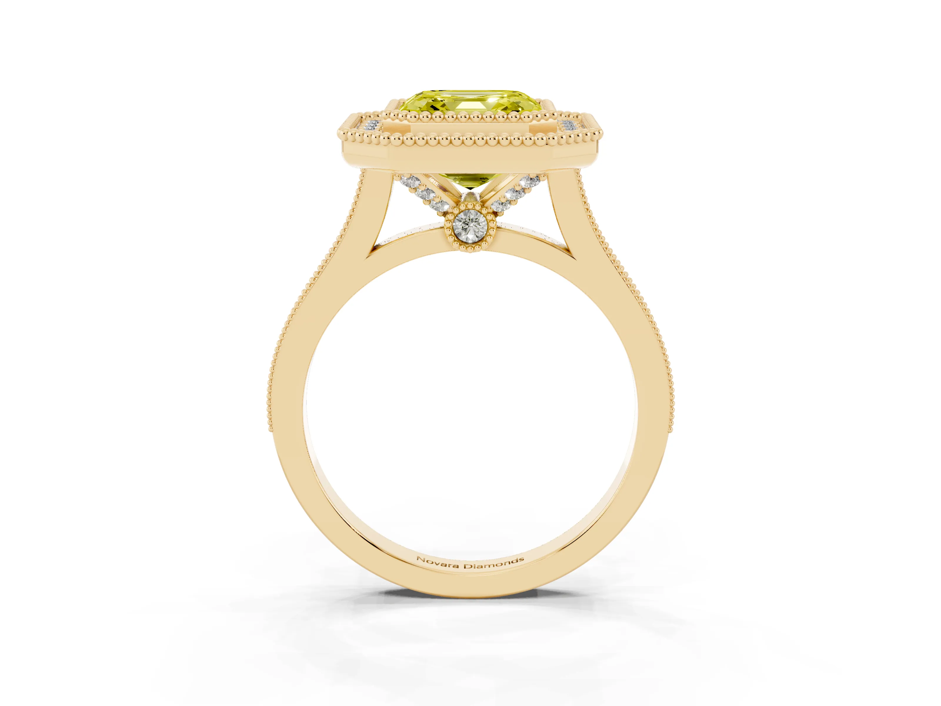 Fancy Yellow Asscher Cut Diamond Halo Ring Set in Yellow gold with Milgrain Frame and Pavé Band