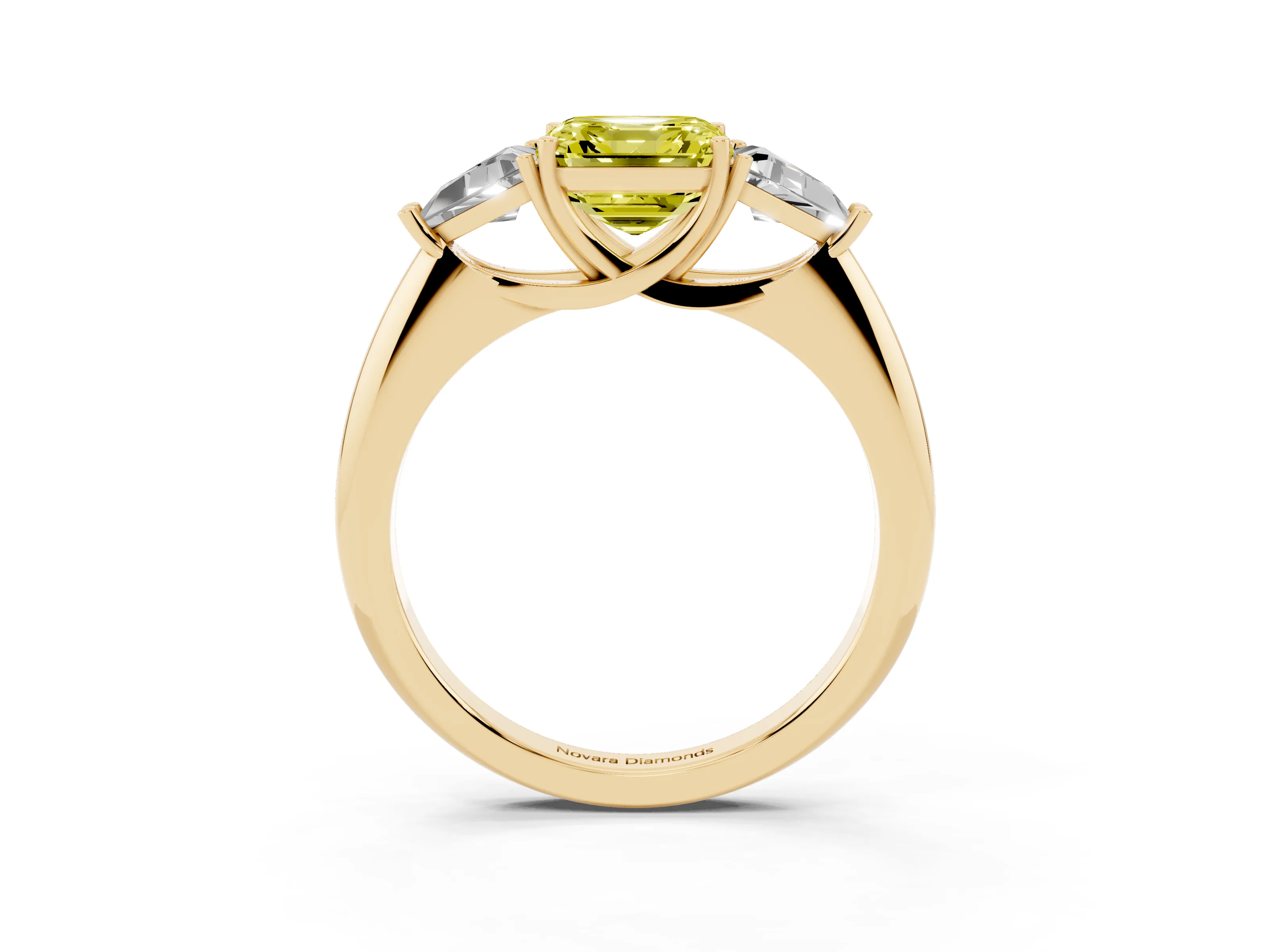 Fancy Yellow Asscher Cut Diamond Three-Stone Engagement Ring Set in Yellow gold with Trillion Side Stones