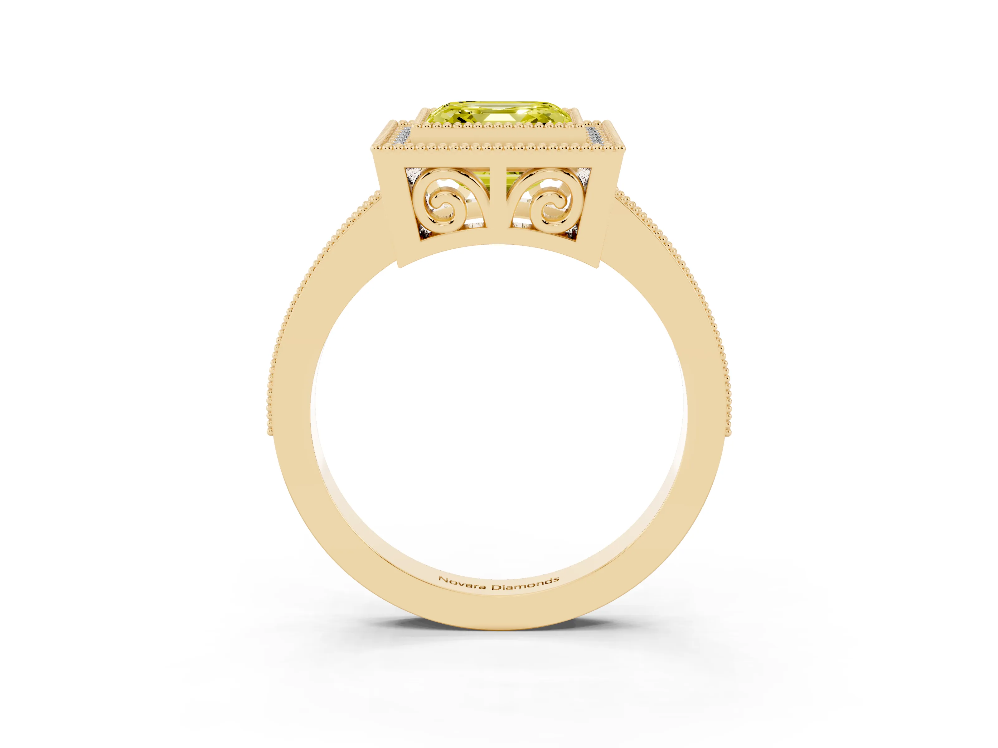 Fancy Yellow Asscher Cut Diamond Round Halo Ring Set in Yellow gold with Pavé Band