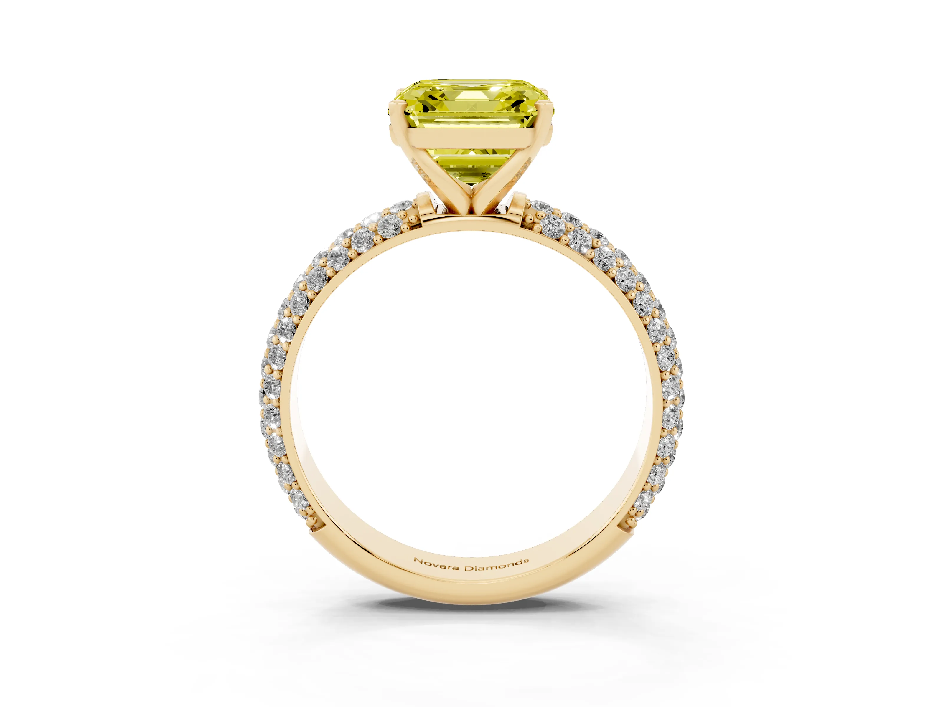 Fancy Yellow Asscher Cut Diamond Solitaire Ring Set in Yellow gold with Prong Setting and Pavé-Set Band