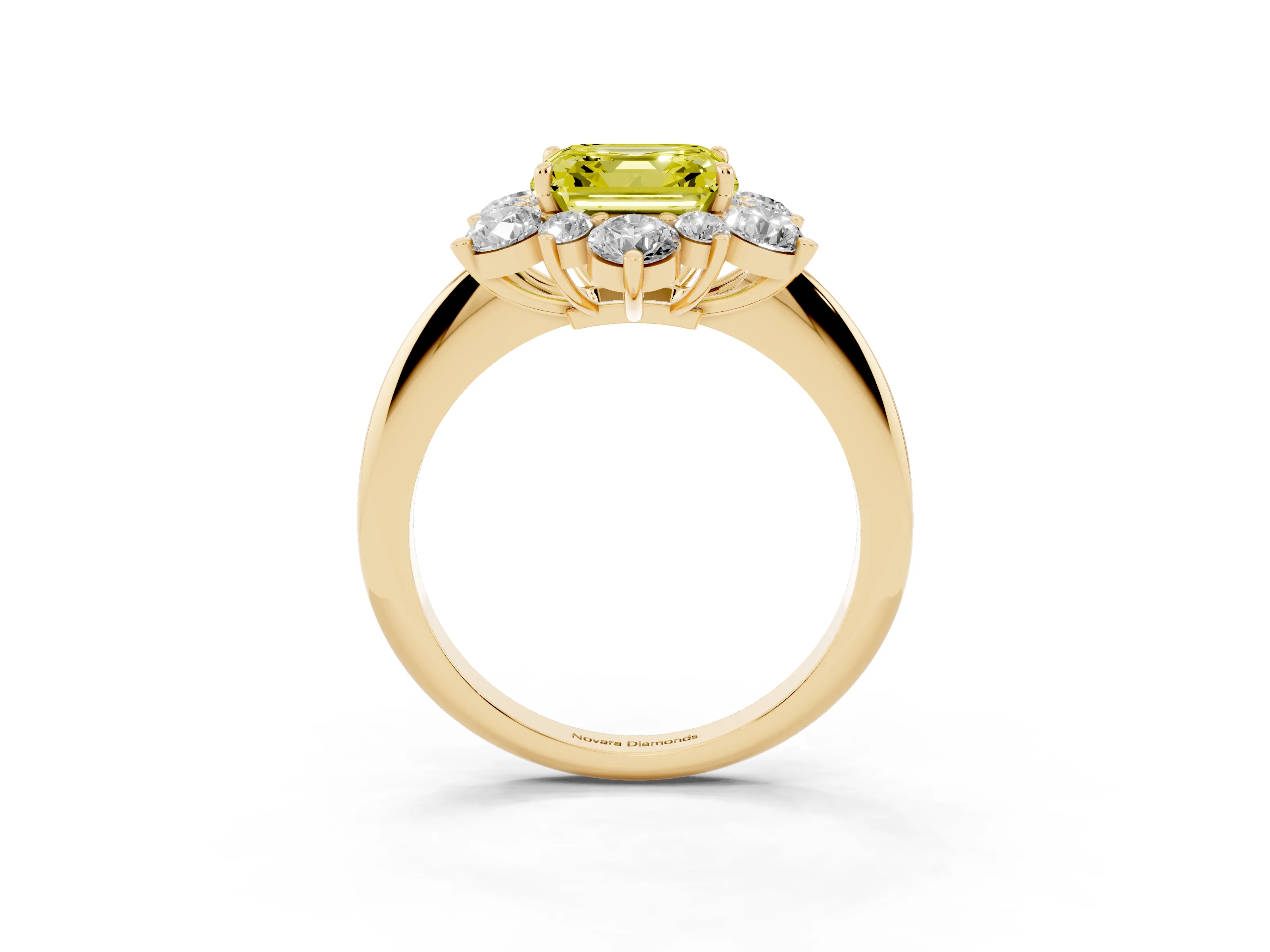 Fancy Yellow Asscher Cut Diamond Cluster Halo Ring Set in Yellow gold with Solitaire Band and Prong Setting