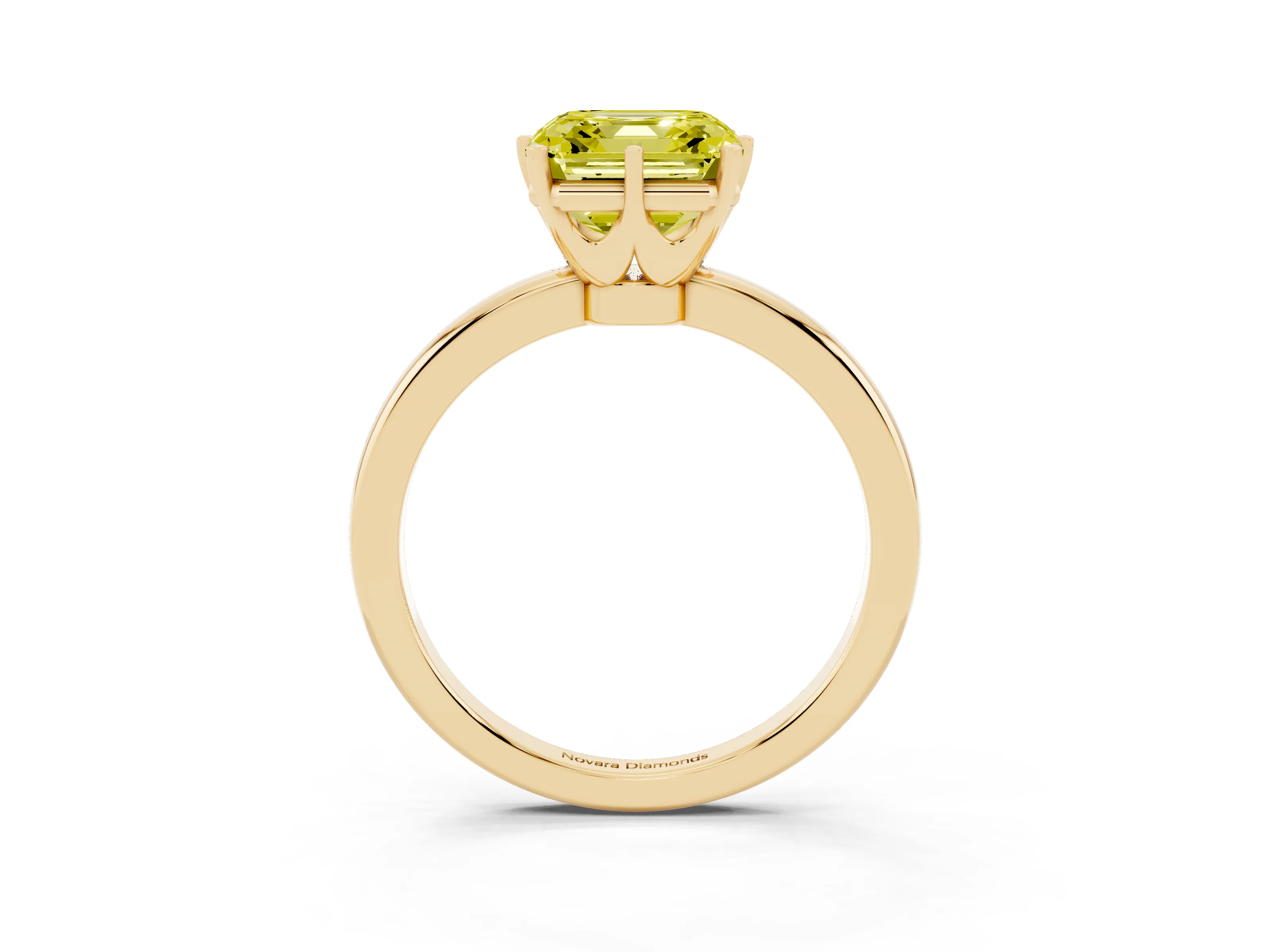 Fancy Yellow Asscher Cut Diamond Solitaire Ring Set in Yellow gold with Raised Prong Setting on a Classic Band