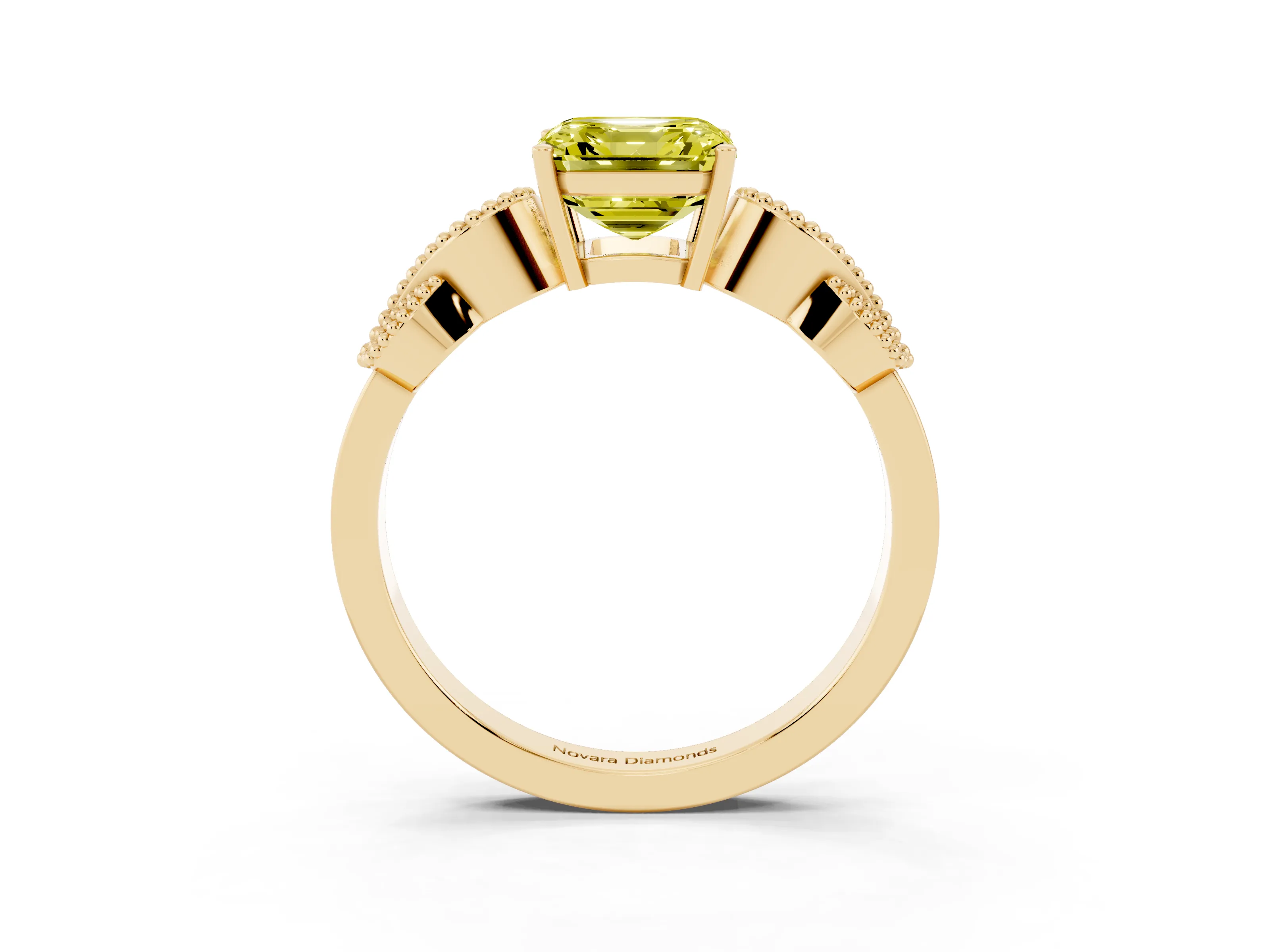 Fancy Yellow Asscher Cut Diamond Milgrain Leaf Band Solitaire Ring Set in Yellow gold with Accent Stones and Prong Setting