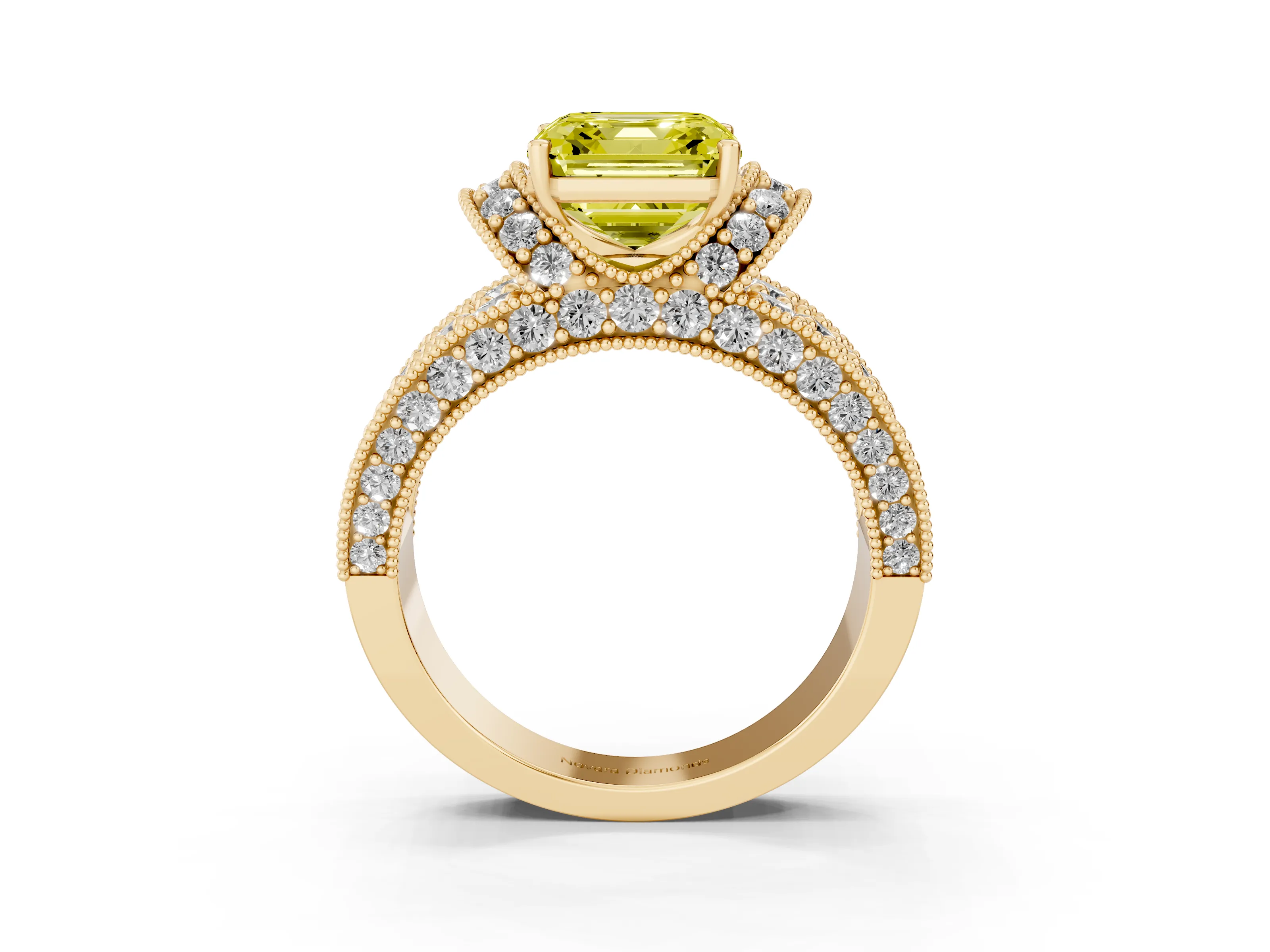 Fancy Yellow Asscher Cut Diamond Milgrain Halo Pavé Engagement Ring Set in Yellow gold with Prong Setting