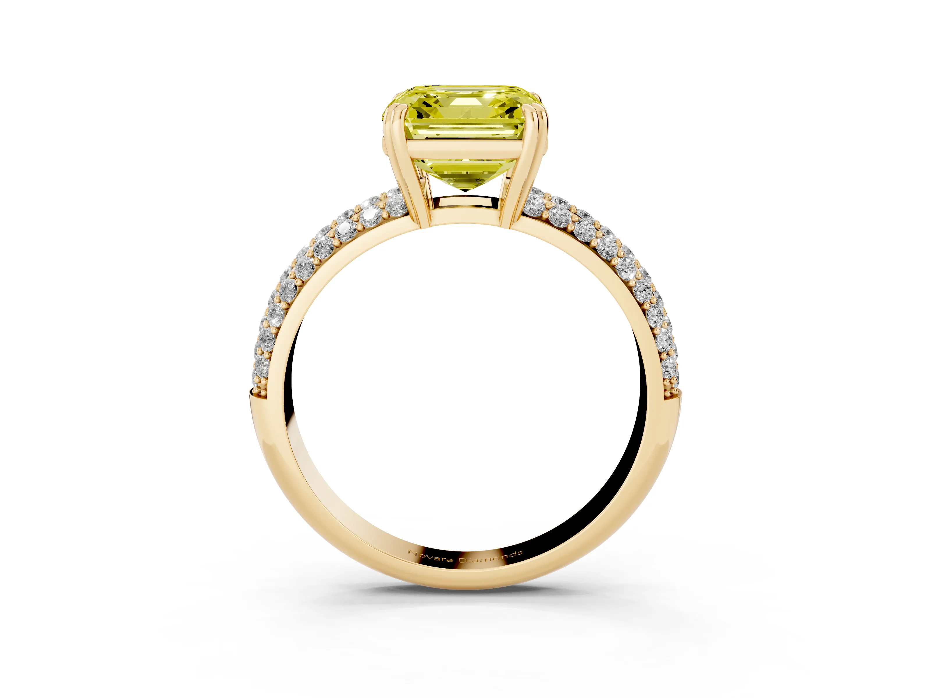 Fancy Yellow Asscher Cut Diamond Solitaire Ring Set in Yellow gold with Multi-Row Round Pavé Band and Prong Setting