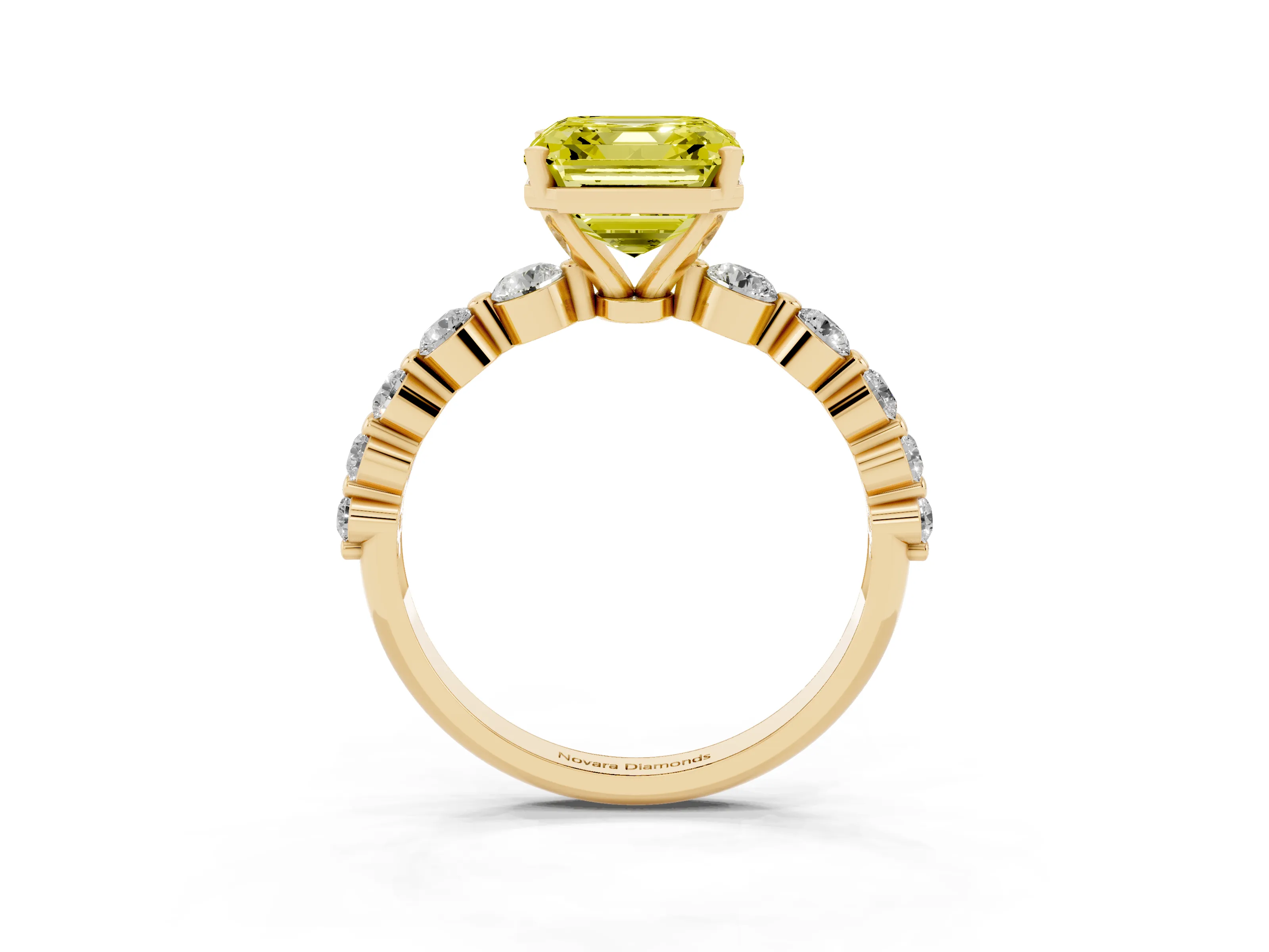 Fancy Yellow Asscher Cut Diamond Solitaire Ring Set in Yellow gold with Pavé Band and Prong Setting