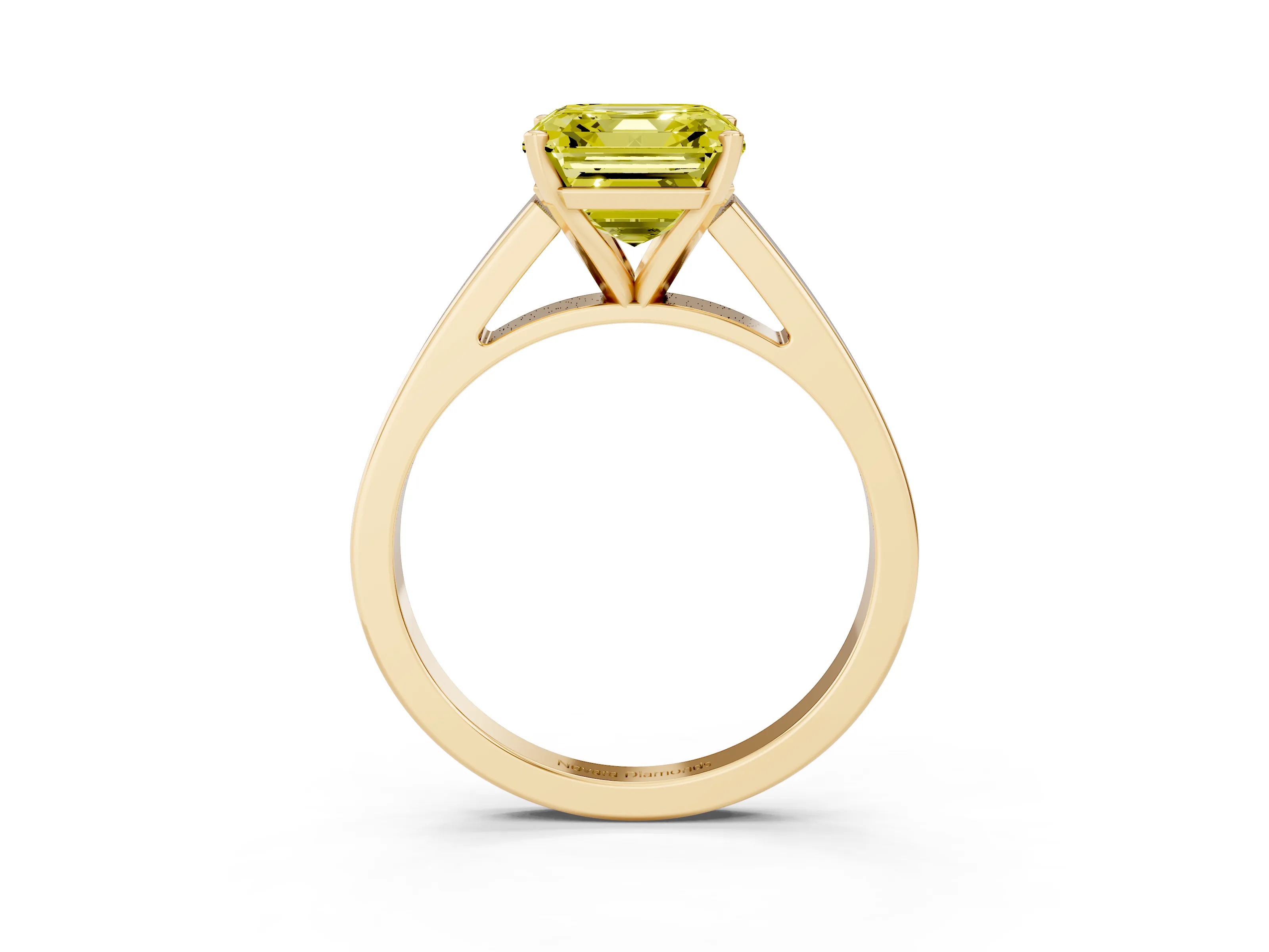 Fancy Yellow Asscher Cut Diamond Solitaire Engagement Ring Set in Yellow gold with Prong Setting and Tapered Band