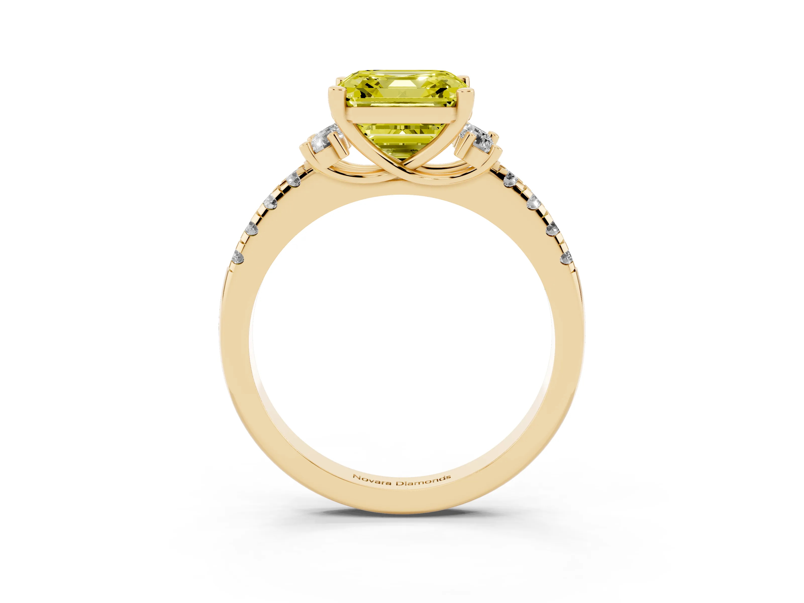 Fancy Yellow Asscher Cut Diamond Three-Stone Pavé Ring Set in Yellow gold with Prong Setting