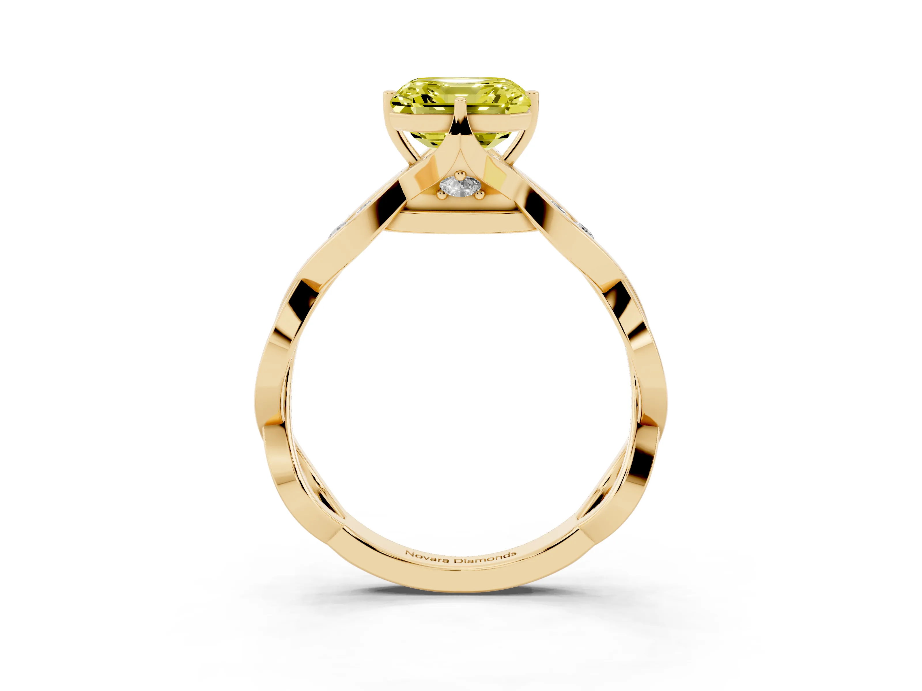 Fancy Yellow Asscher Cut Diamond Twist Band Solitaire Ring Set in Yellow gold with Leaf Prong Setting and Accent Stones