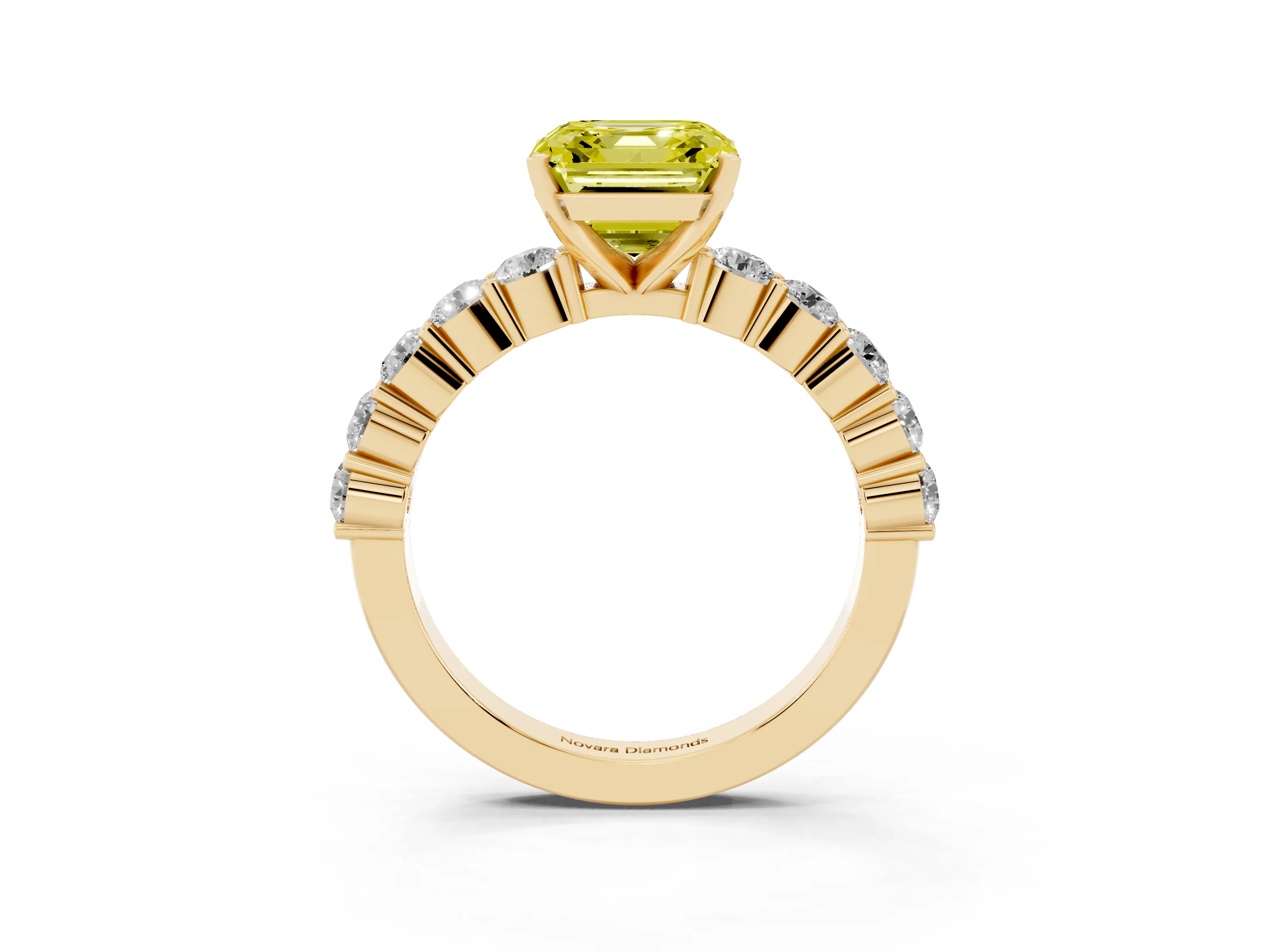 Fancy Yellow Asscher Cut Diamond Solitaire Ring Set in Yellow gold with Shared Prong Round Side Stones