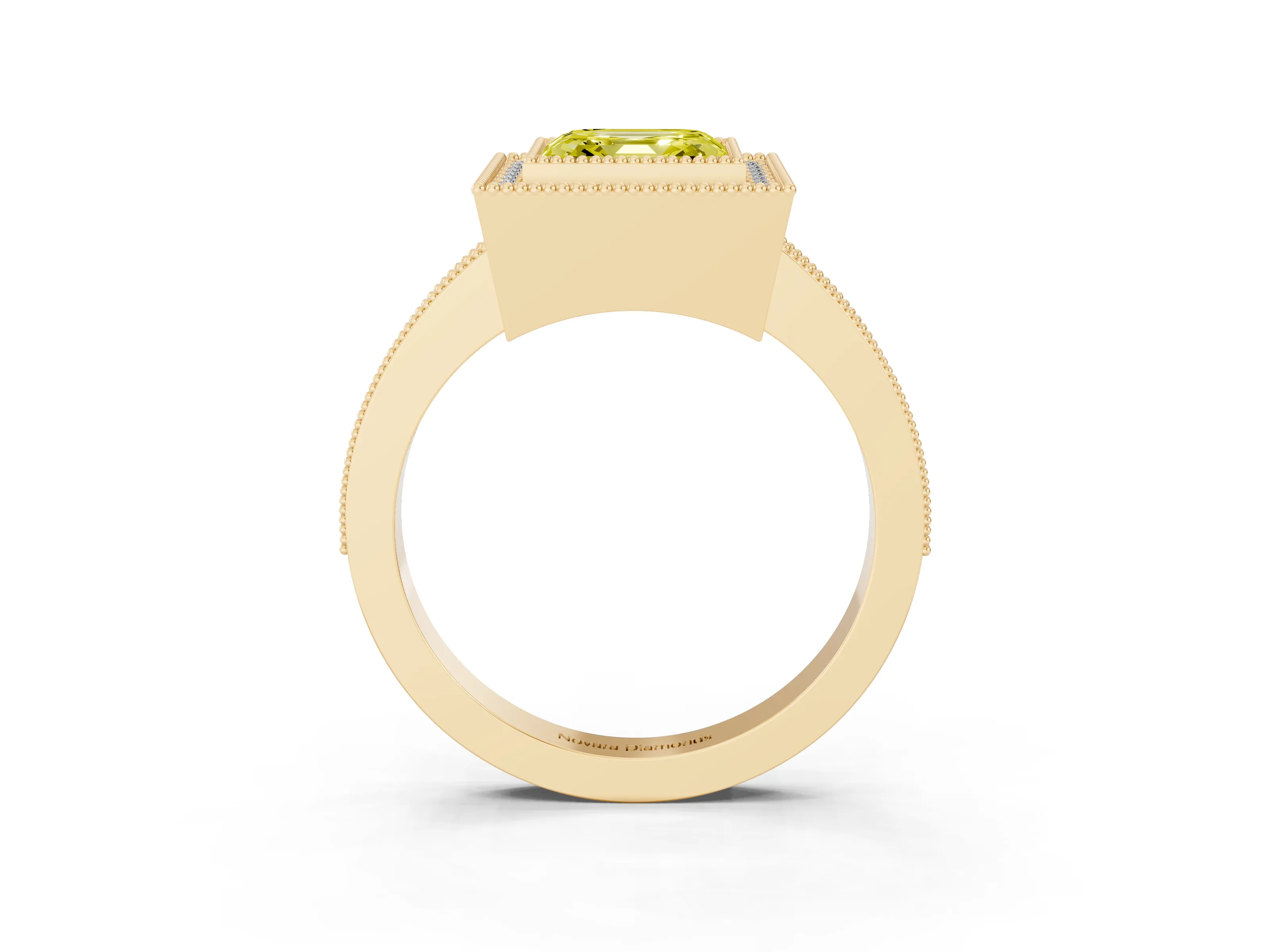 Fancy Yellow Asscher Cut Diamond Halo Engagement Ring Set in Yellow gold with Pavé Band and Round Halo Stones