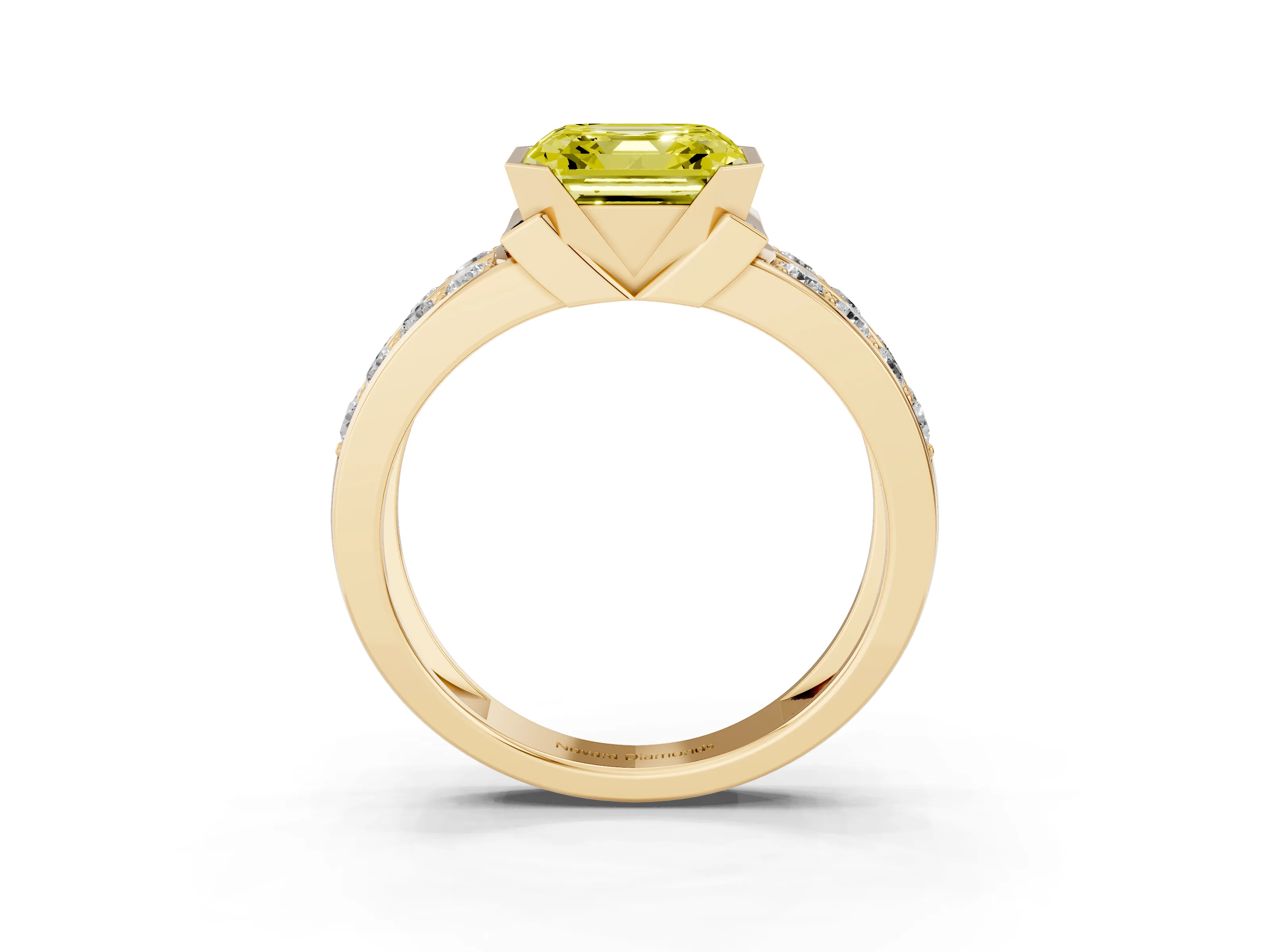 Fancy Yellow Asscher Cut Diamond Wide Channel Set Band Ring Set in Yellow gold with Bezel Setting