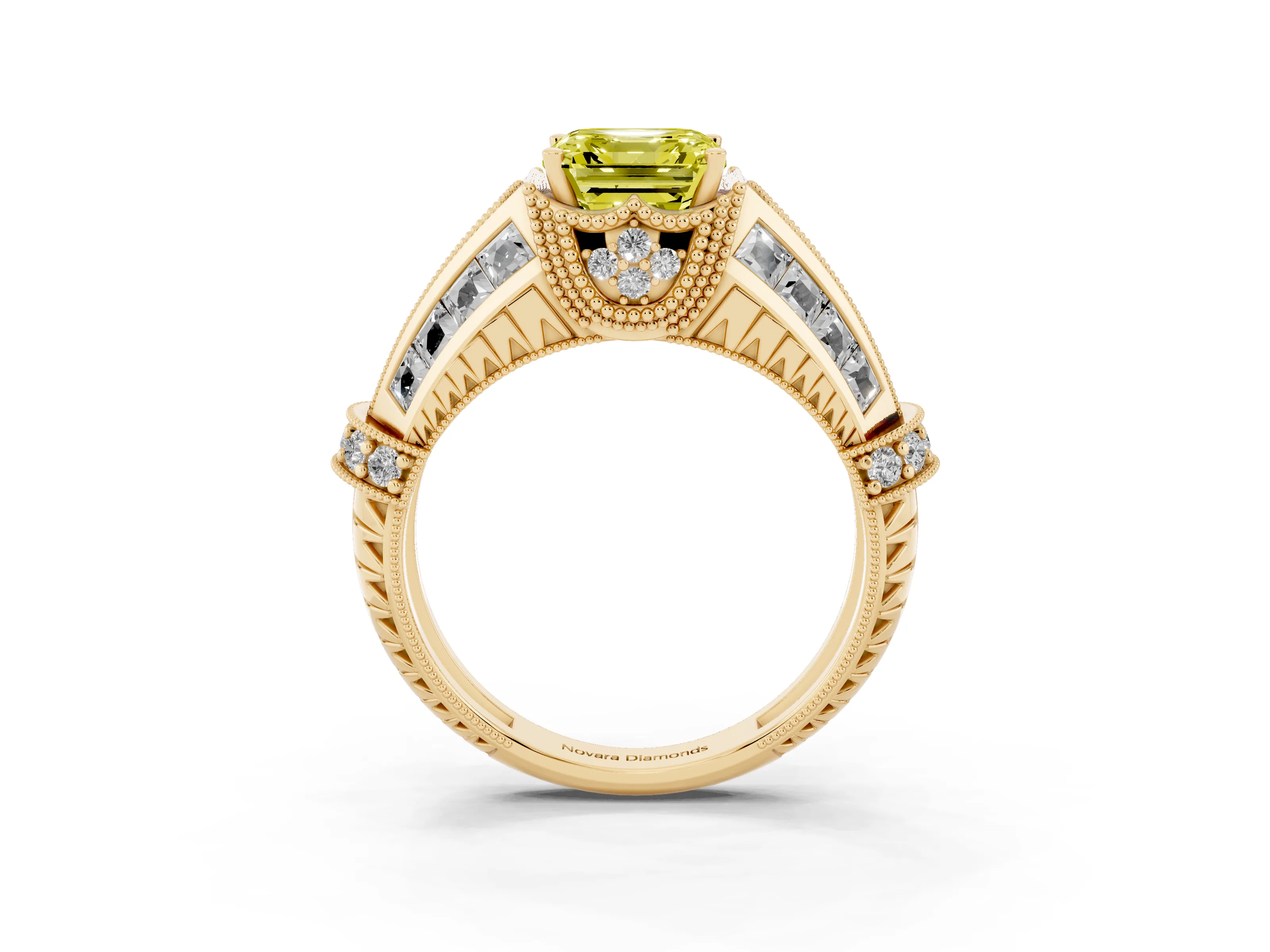 Fancy Yellow Asscher Cut Diamond Vintage-Inspired Milgrain Ring Set in Yellow gold with Accent Split Shank